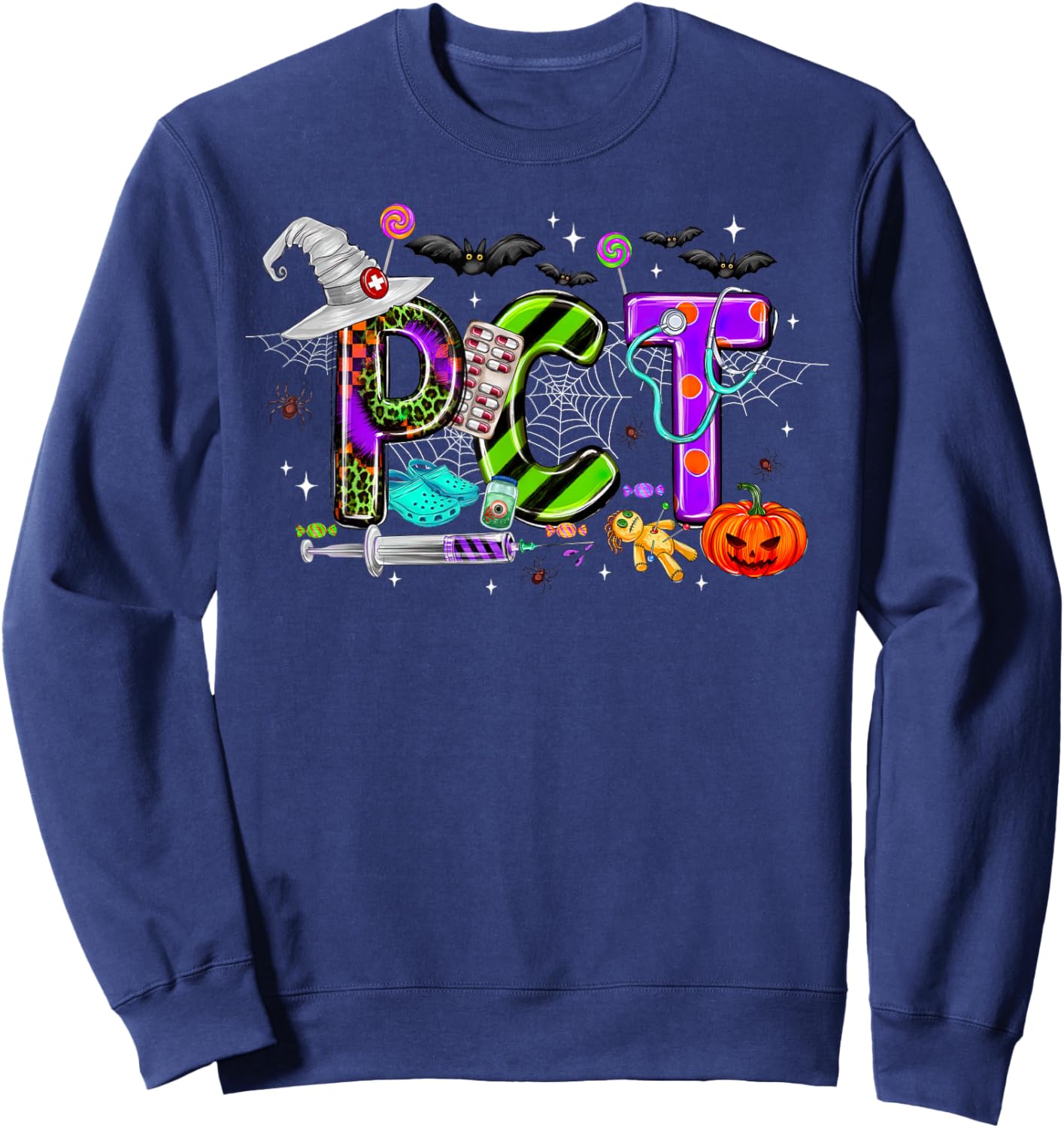 Retro PCT Patient Care Technician Halloween Spooky Season Sweatshirt - Sweatshirt | Navy