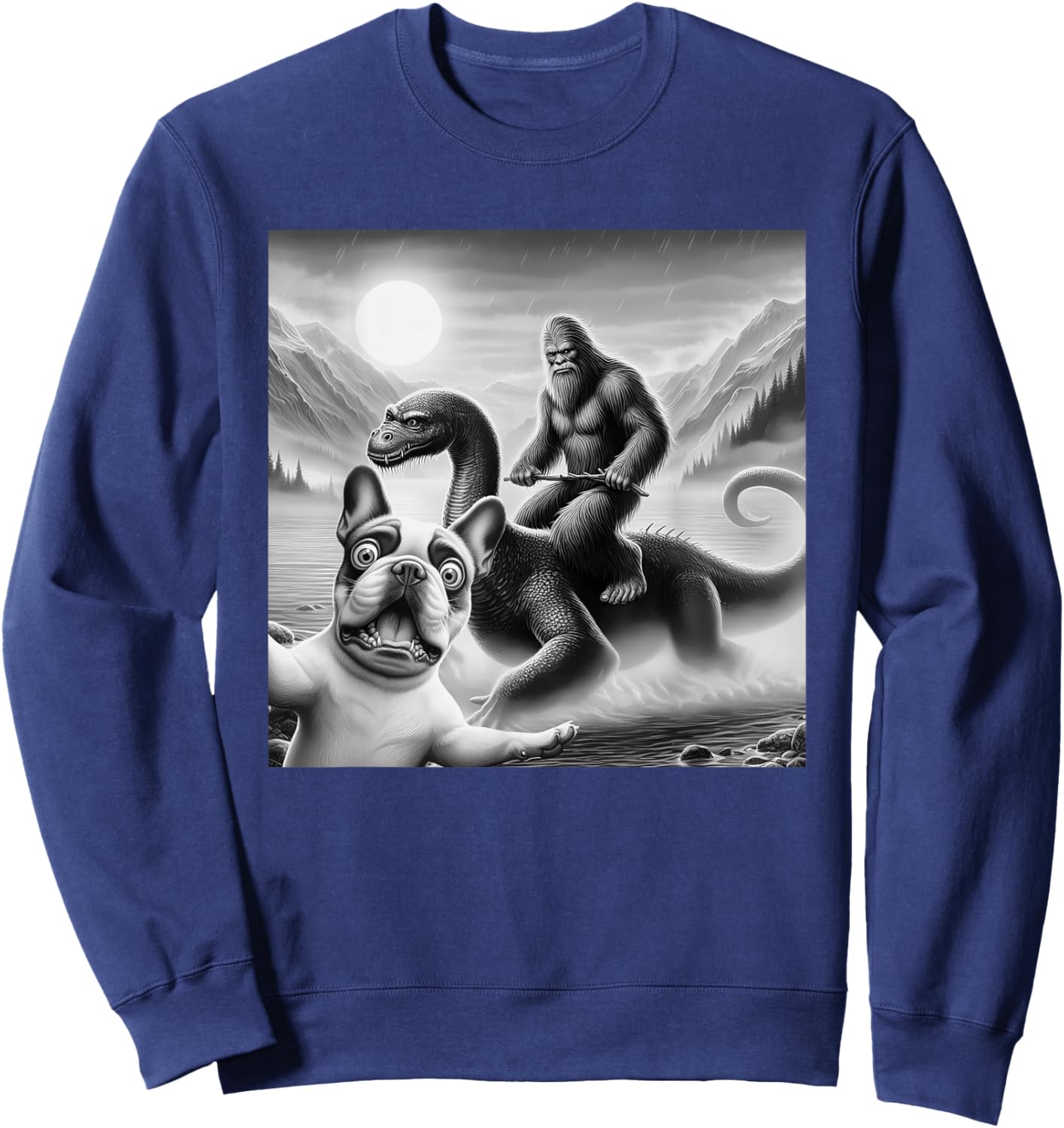 Funny French bulldog Selfie with bigfoot riding loch Ness Women Kids Sweatshirt - Sweatshirt | Navy