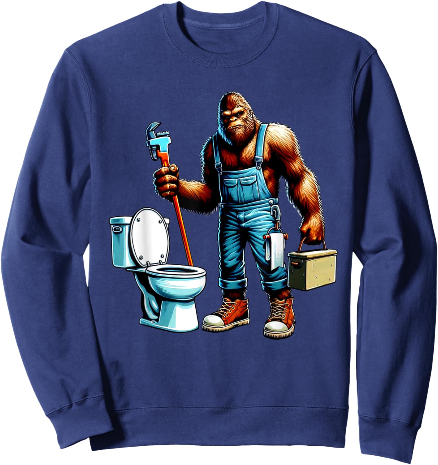 Bigfoot At Work Plumber Plumbing Worker Sasquatch Funny Sweatshirt - Sweatshirt | Navy