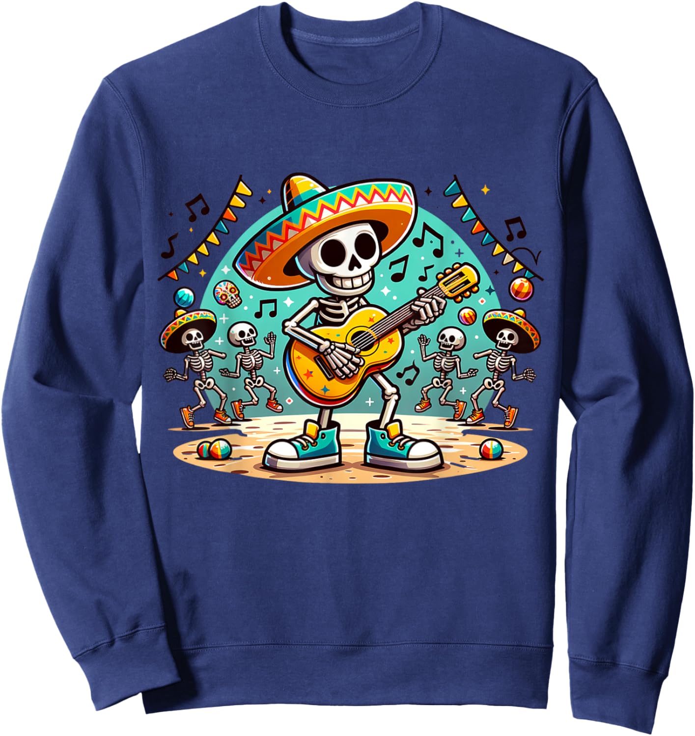 Cute Dia De Los Muertos Mexican Kids Sugar Skeleton guitar Sweatshirt - Sweatshirt | Navy