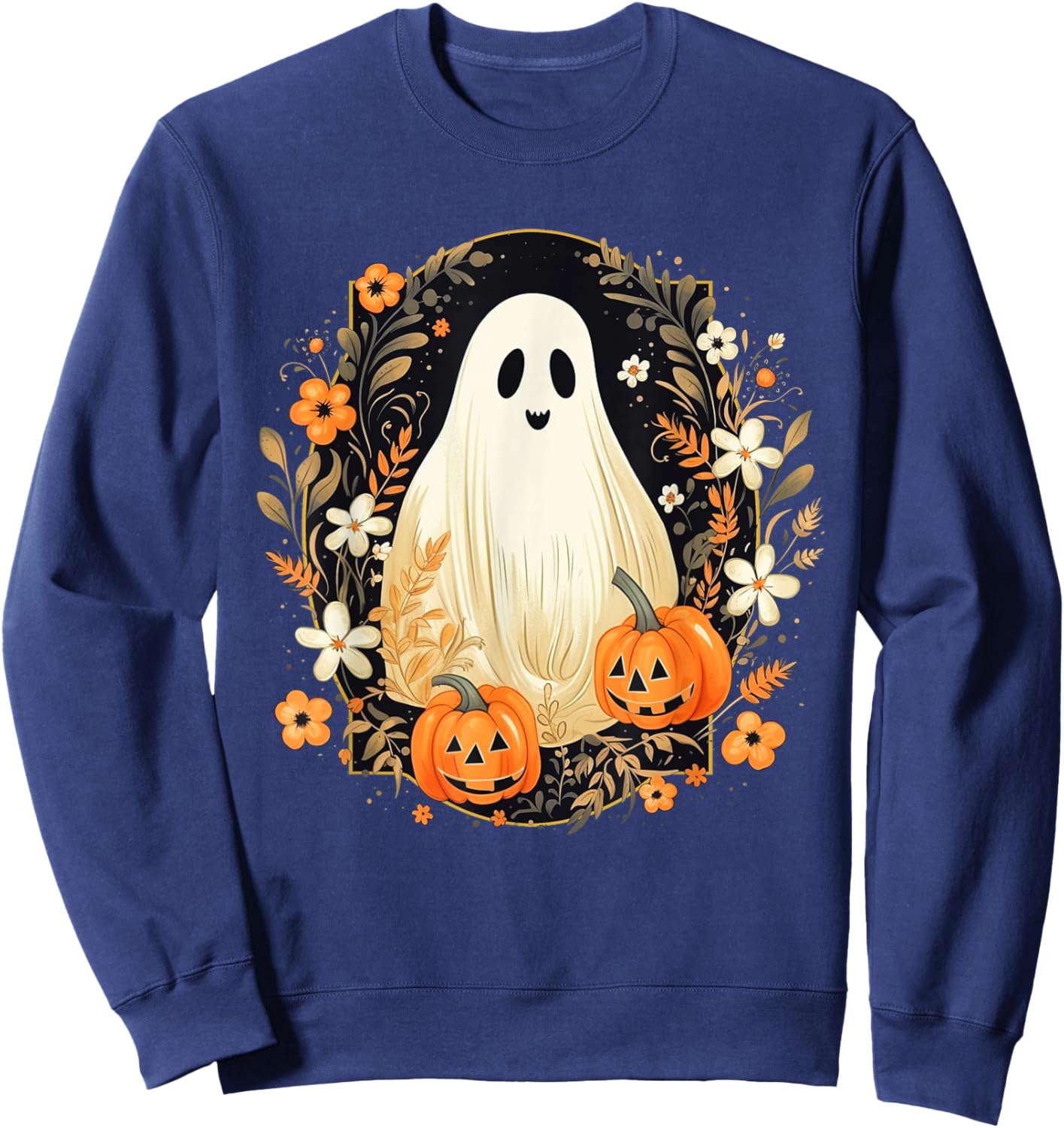 Vintage Floral Ghost Halloween Ghost Pumpkin Jack-o-Lantern Sweatshirt - Sweatshirt | Navy
