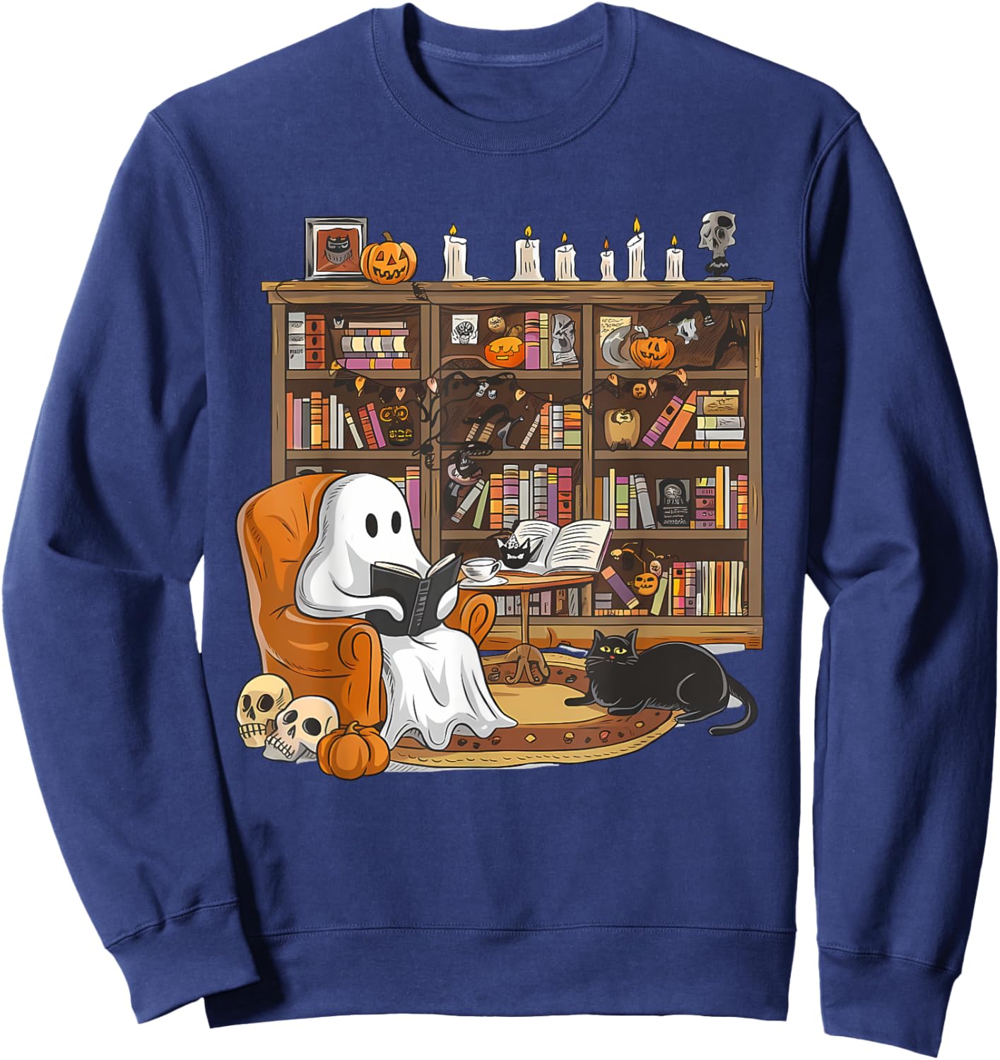 Cute Ghost Reading Books with Black Cat Halloween Book lover Women Kids Sweatshirt - Sweatshirt | Navy