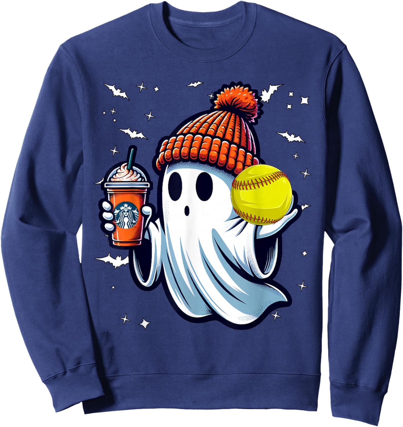 Ghost Pumpkin Drinks Beanie Fall Softball Lovers Halloween Sweatshirt - Sweatshirt | Navy