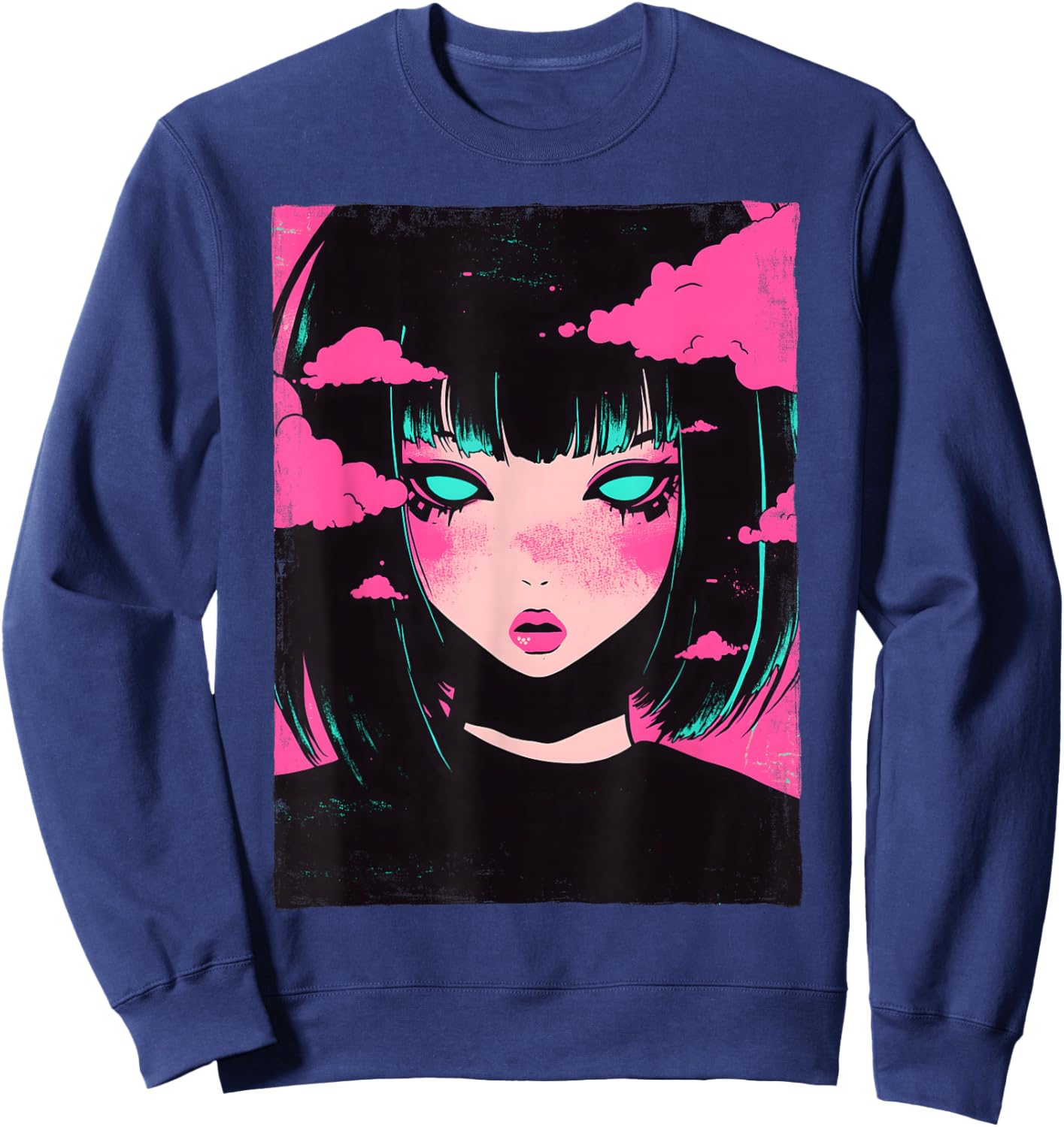 Distressed Anime Girl Vaporwave Pastel Goth E-Girl Grunge Sweatshirt - Sweatshirt | Navy