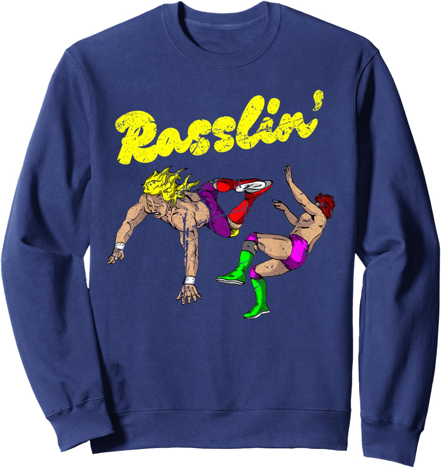 Masked Designer Vintage Grunge Rasslin' Pro Wrestling Fan - Black - -Adults & Kids - Short Sleeve - - Wrestling Fan Sweatshirt - Sweatshirt | Navy