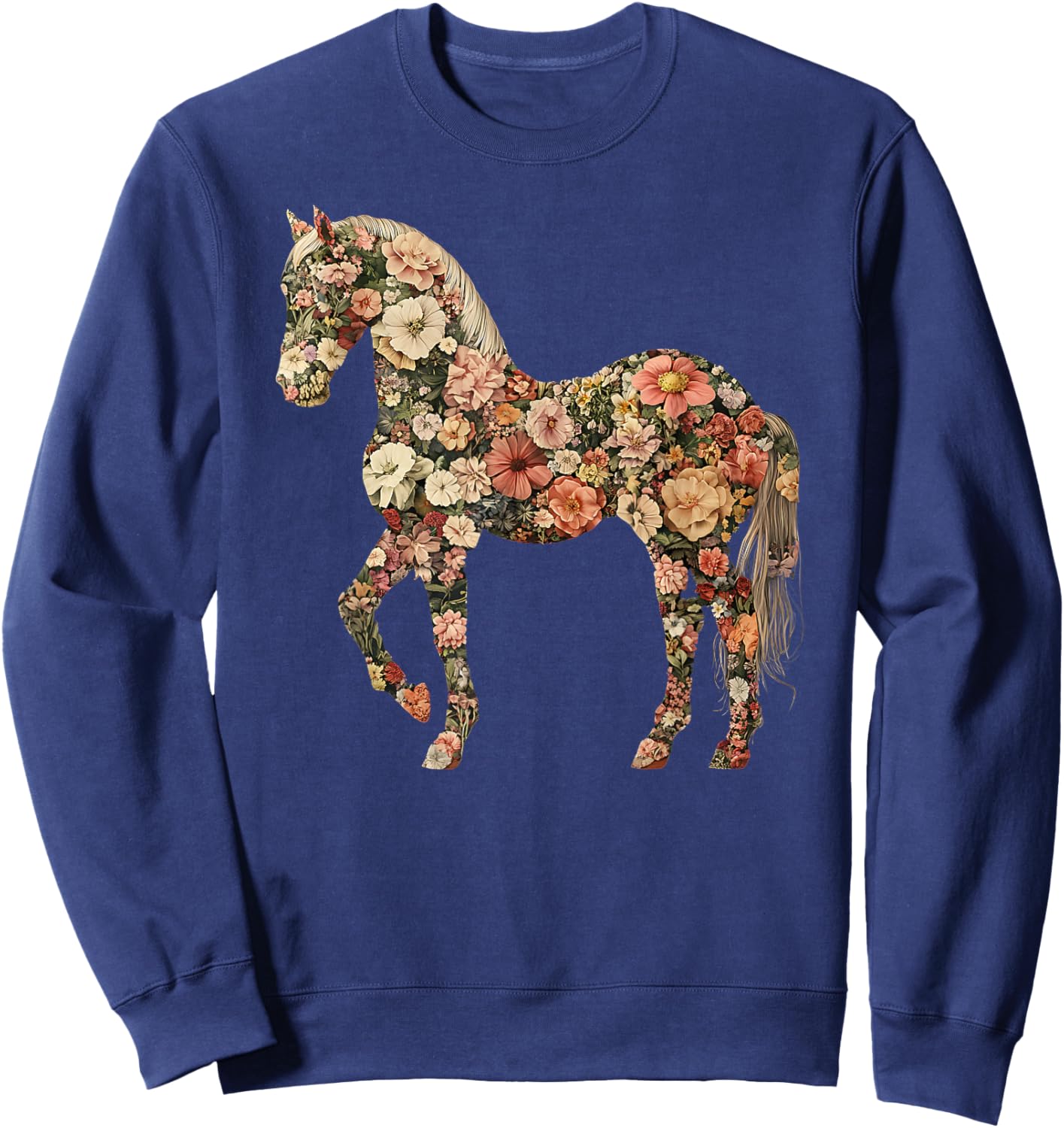 Horse Lover Gifts Floral Horse - Adults, Black, Small, Short Sleeve Sweatshirt - Sweatshirt | Navy