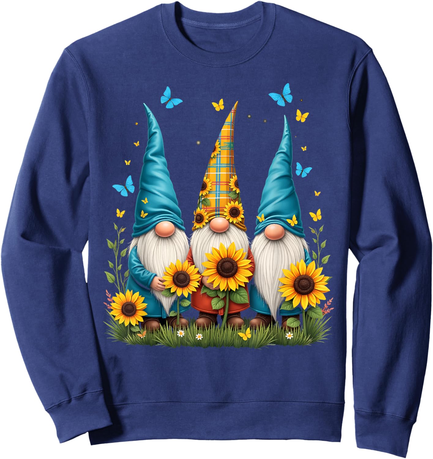Gnomes With Sunflower Butterfly Flower Garden Gardener Sweatshirt - Sweatshirt | Navy