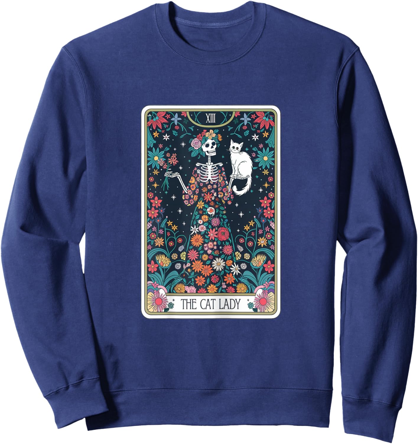 Tarot Card The Cat Lady Cats Lover Vintage Goth Art Skeleton Sweatshirt - Sweatshirt | Navy