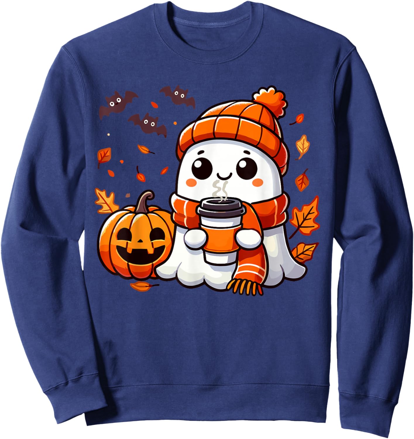 Cute Halloween Ghost Drinking Ice Coffee, Halloween Women Sweatshirt - Sweatshirt | Navy