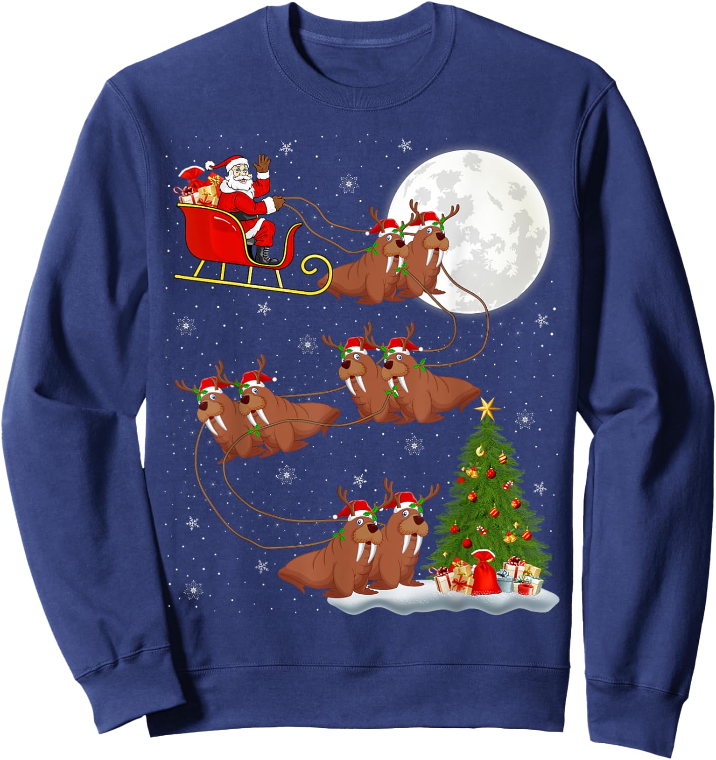Xmas Tree Lights Funny Santa Riding Walrus Christmas Sweatshirt - Sweatshirt | Navy