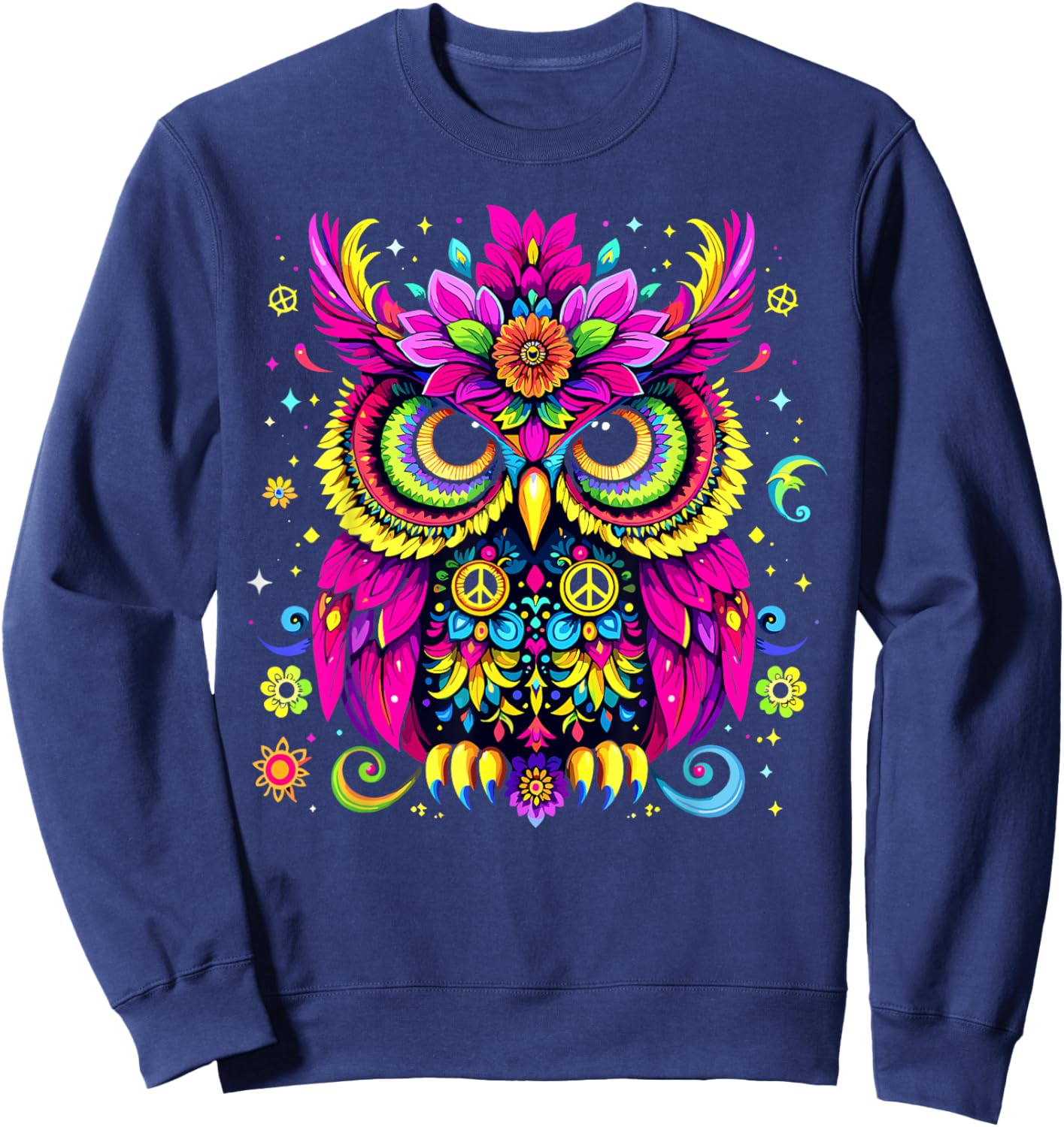 Trippy EDM Peace Owl Hippie Psychedelic Sweatshirt - Sweatshirt | Navy