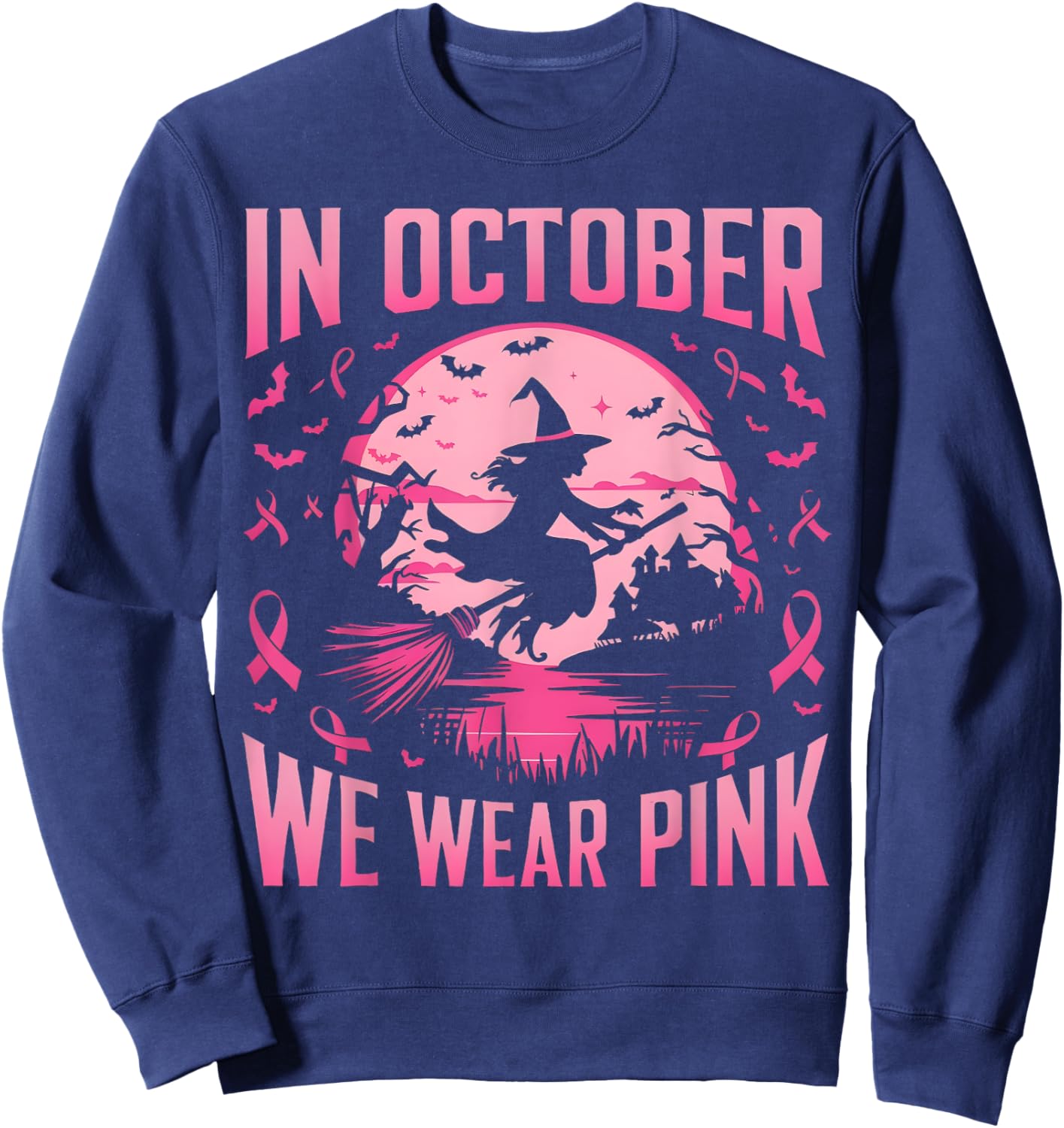 In October We Wear Pink Ghost Witch Breast Cancer Awareness Sweatshirt - Sweatshirt | Navy