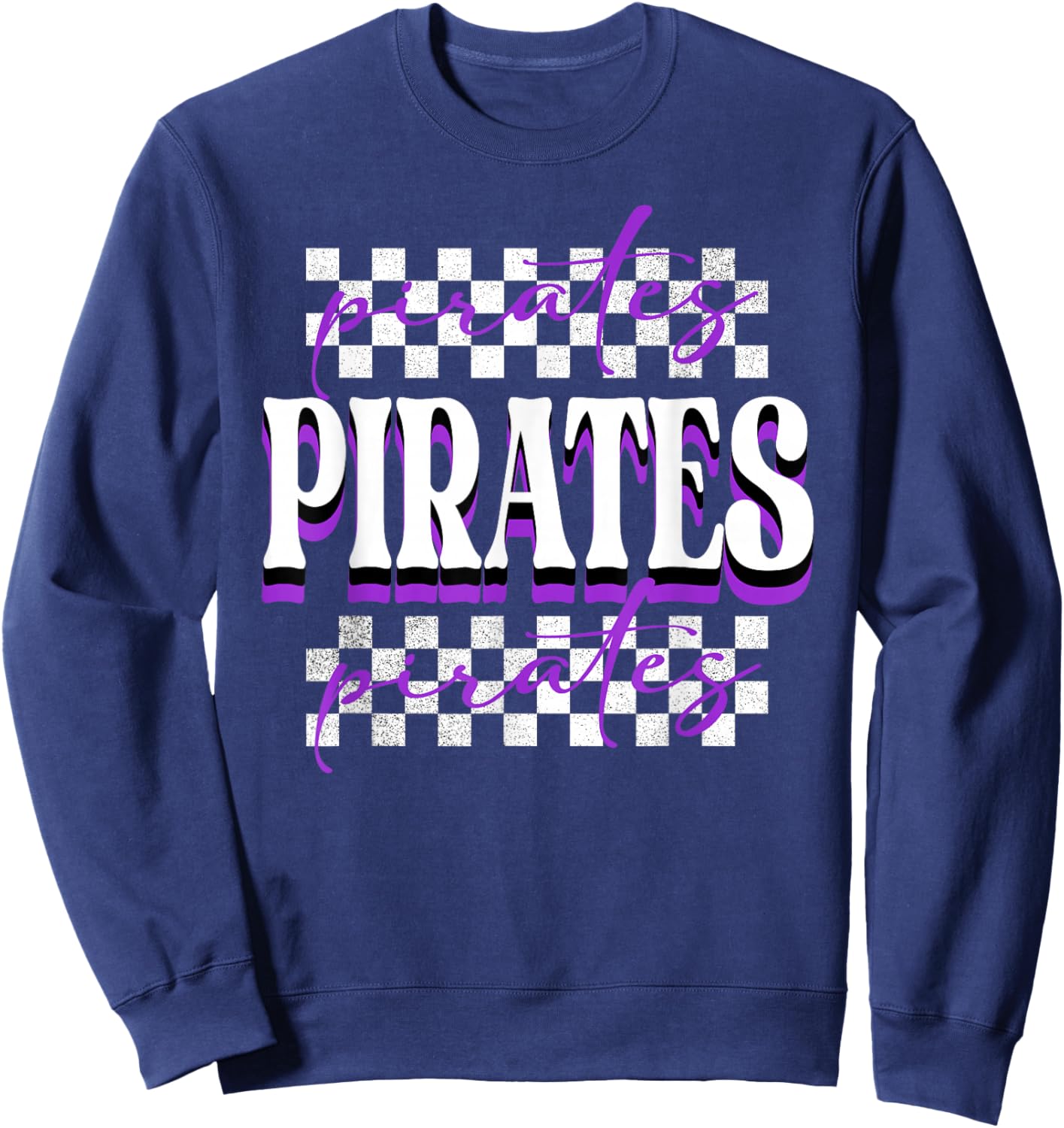 Pirates Checkered School Spirit Purple Pirate Pride Mascot Sweatshirt - Sweatshirt | Navy