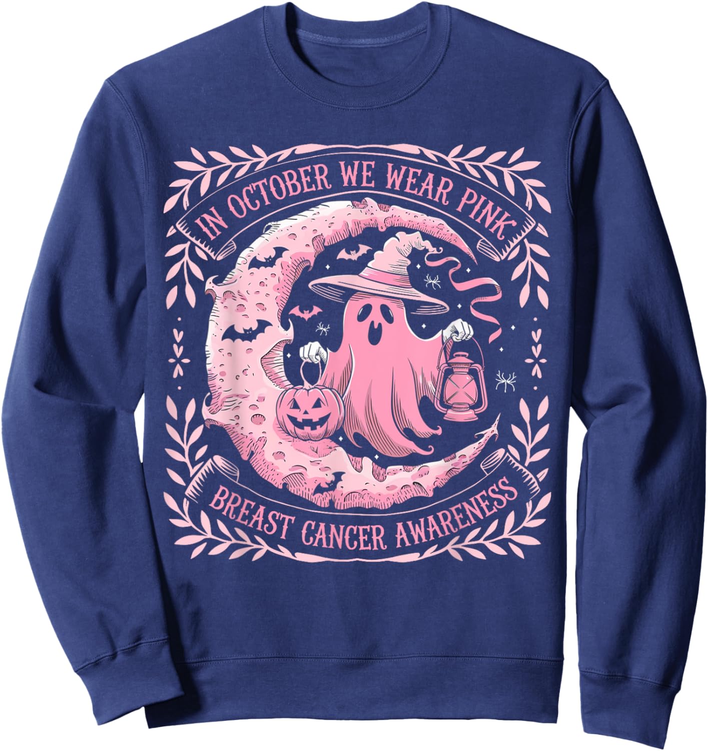 October We Wear Pink Ghost Halloween Pumpkins Breast Cancer Sweatshirt - Sweatshirt | Navy