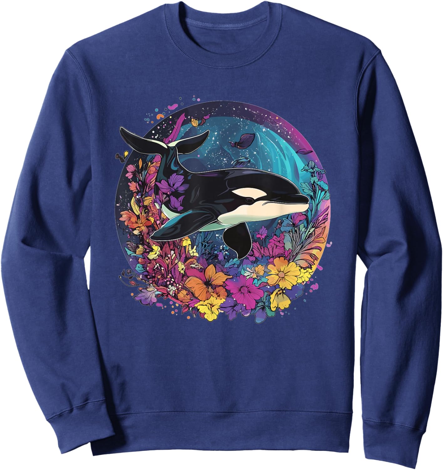 Orca Whale Surrounded By Vibrant Flowers Sweatshirt - Sweatshirt | Navy