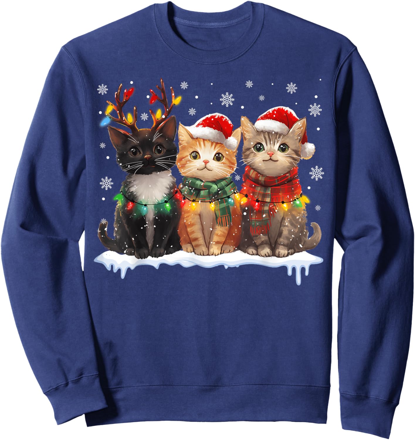 Santa Cat Light Reindeer Christmas Cat Lover Pajamas Sweatshirt - Sweatshirt | Navy