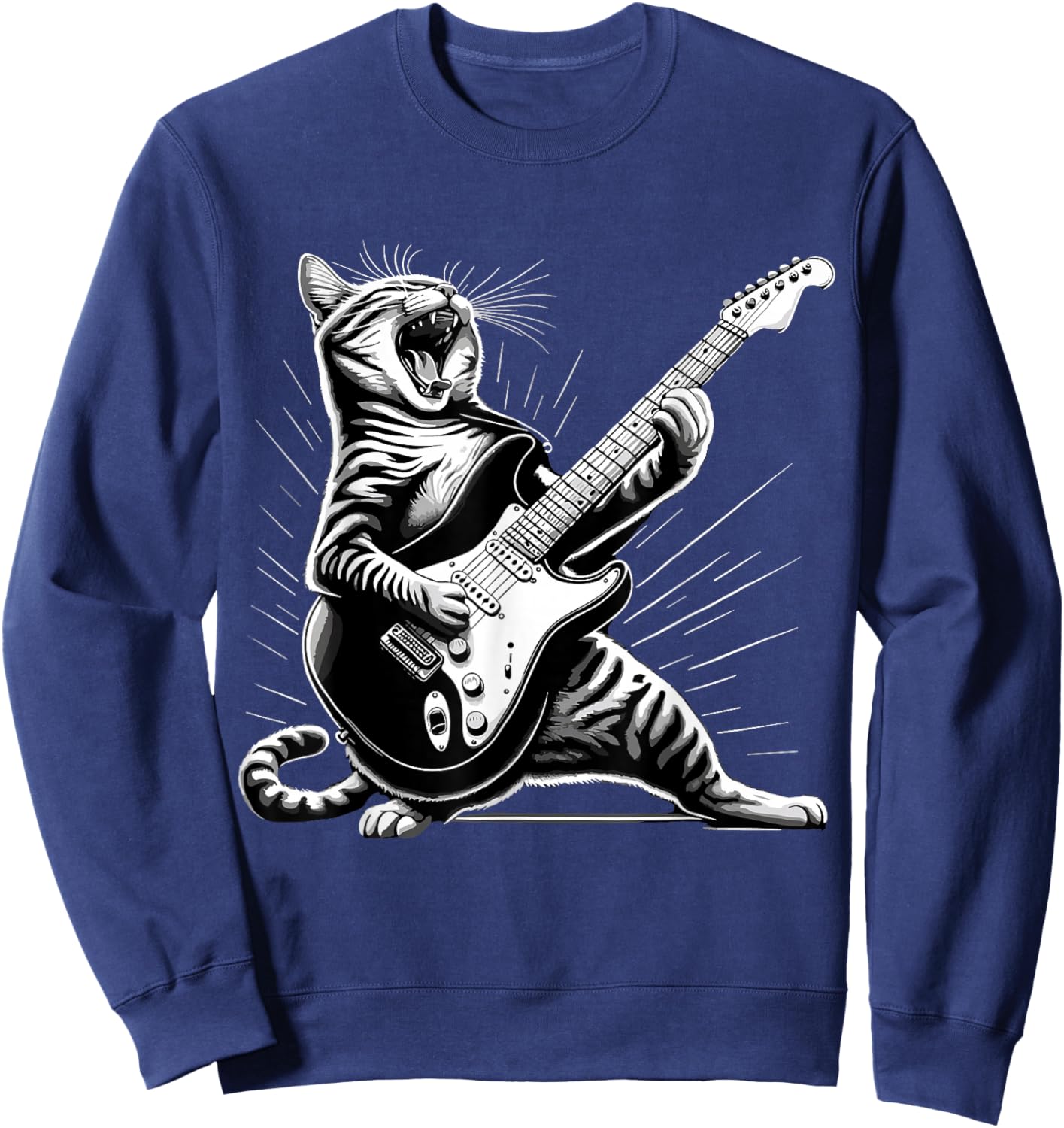Humorous Gifts for Guitarist Rock and Roll Cat Playing Guitar Sweatshirt - Sweatshirt | Navy