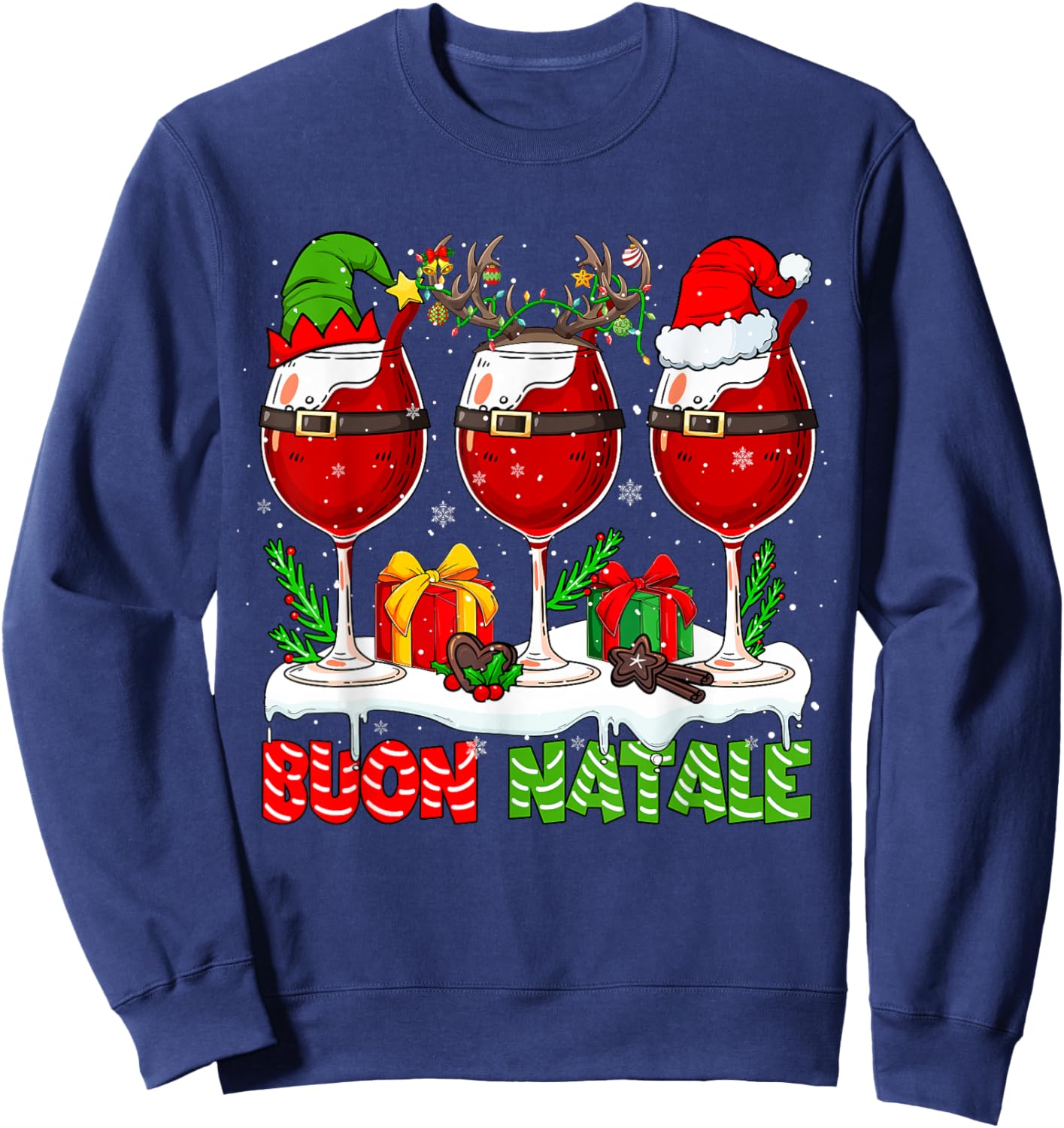 Buon Natale Merry Christmas Italian Three Santa Wine Glasses Sweatshirt - Sweatshirt | Navy