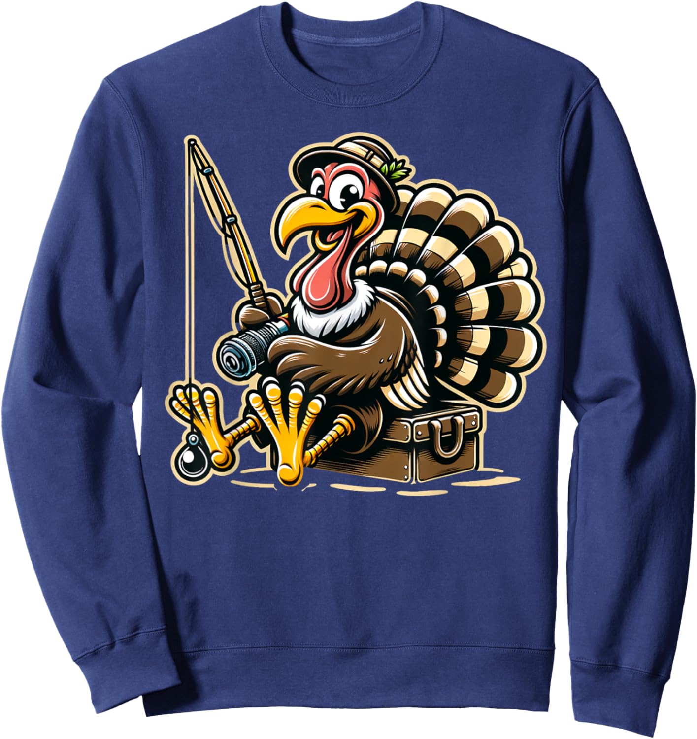 Autumn & Thanksgiving Designs Women & Kids Funny Turkey Fishing Thanksgiving Fisherman Humor Sweatshirt - Sweatshirt | Navy