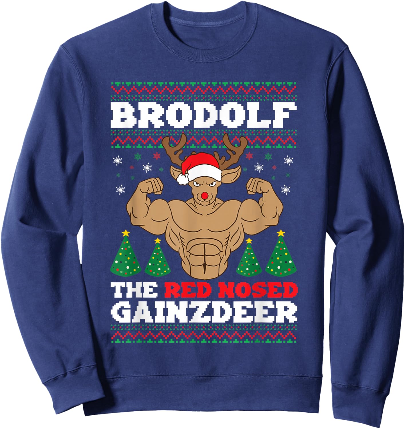 Brodolf Funny Christmas Buff Reindeer Gym Bodybuilding Xmas Sweatshirt - Sweatshirt | Navy