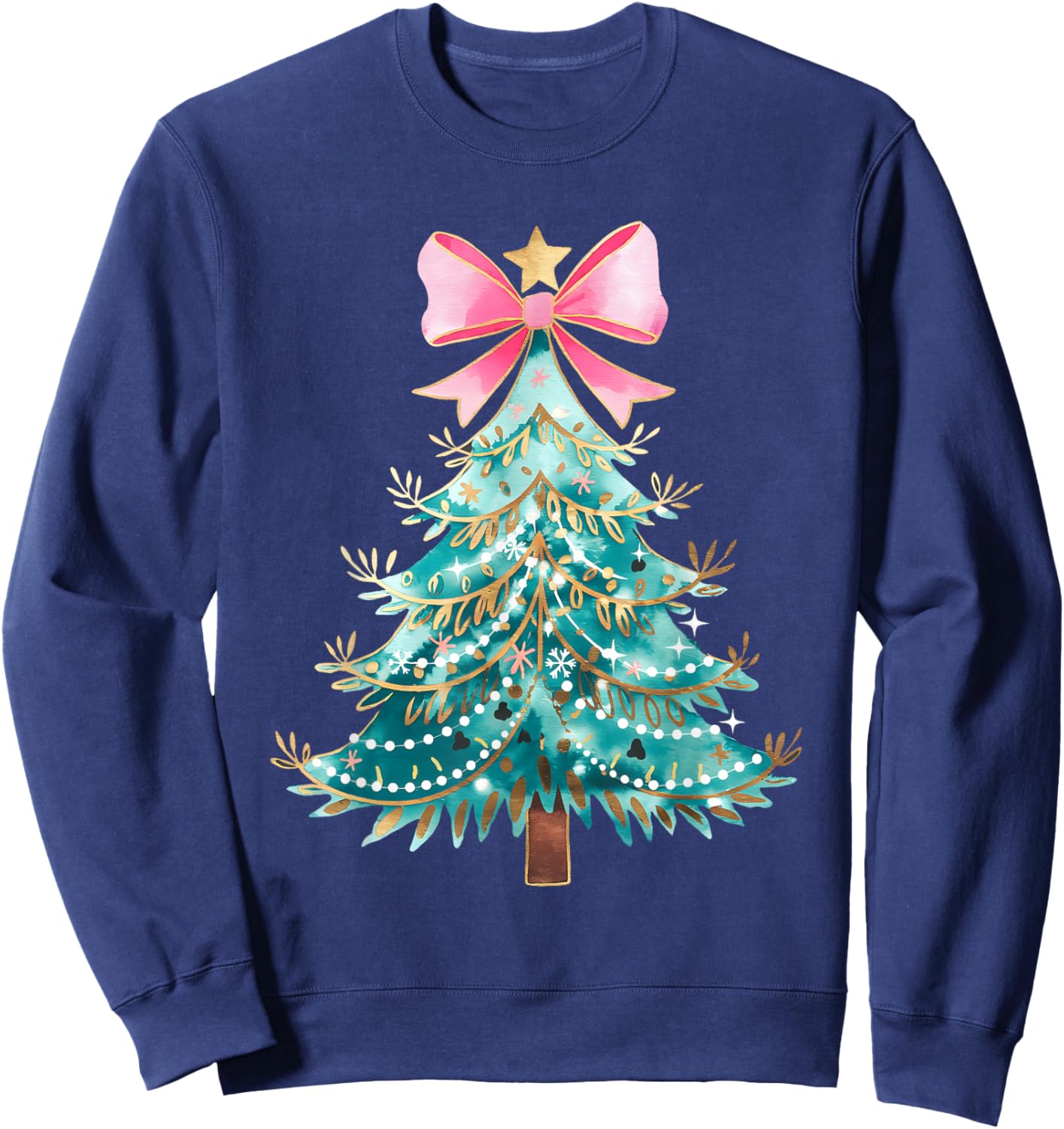 Christmas Tree Bow Pink Christmas Coquette Bow Xmas Holiday Sweatshirt - Sweatshirt | Navy