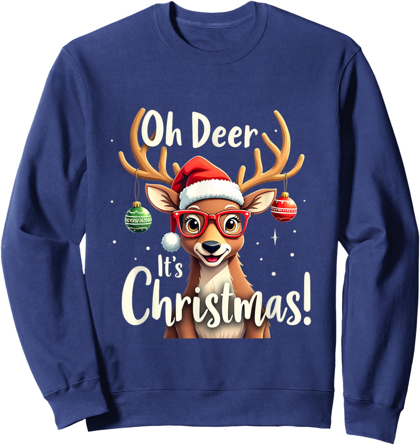 Oh Deer It's Christmas with Santa Hat and Glasses Sweatshirt - Sweatshirt | Navy