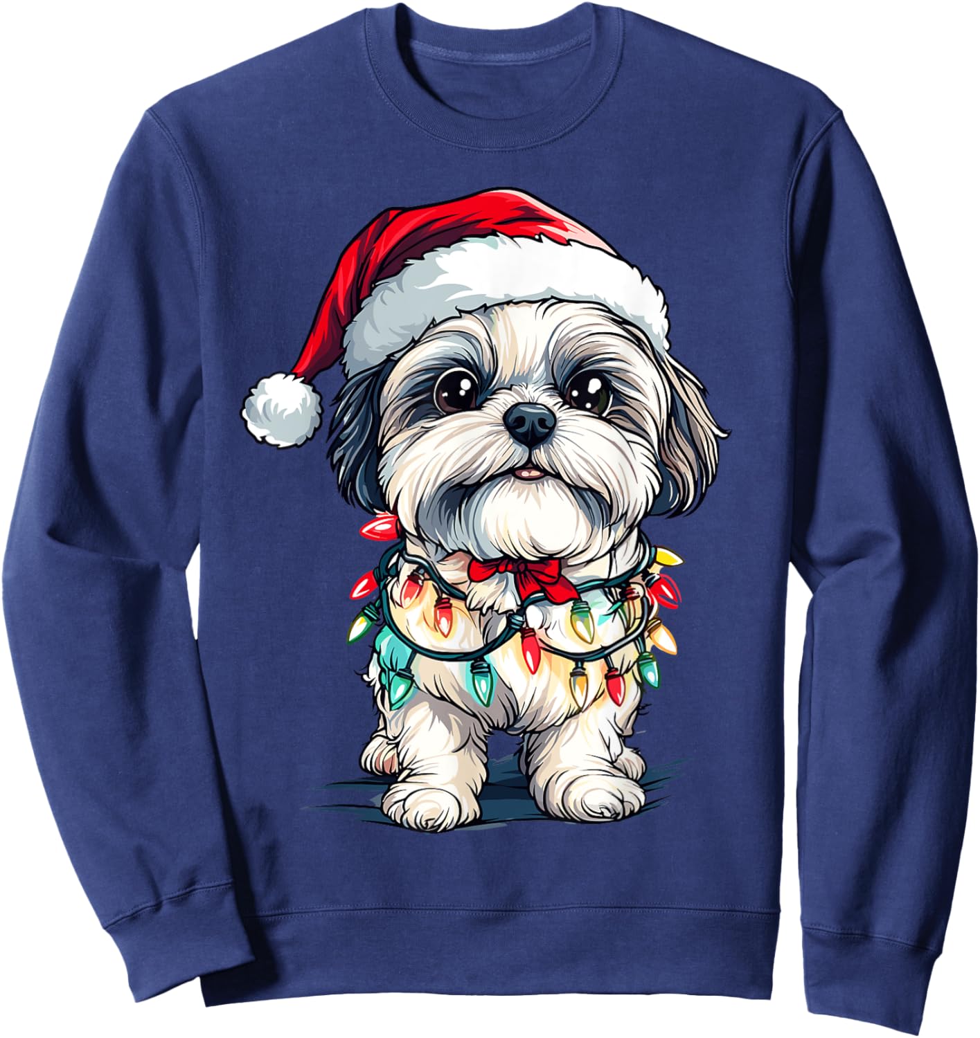 Shih Tzu Santa Christmas Tree Lights Xmas Dog Lover Pajama Women Kids Sweatshirt - Sweatshirt | Navy