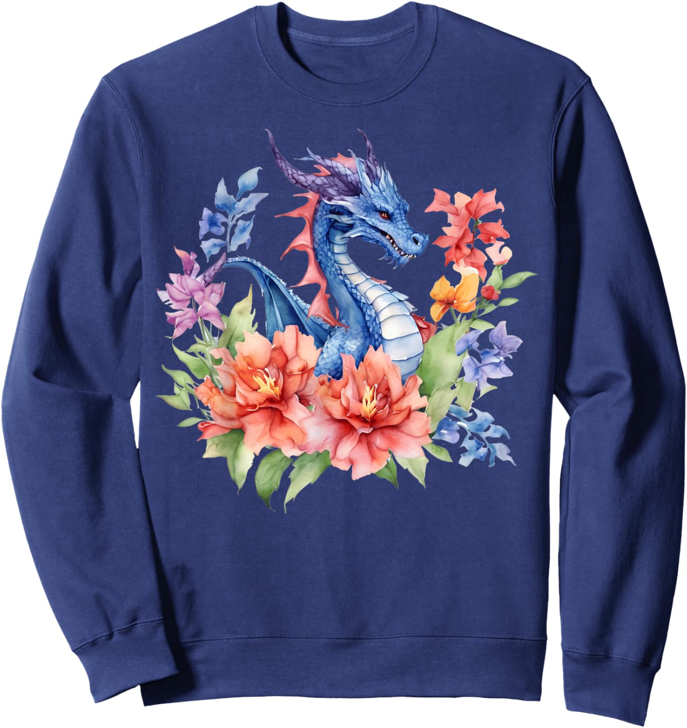 Watercolor Dragon Flowers Beautiful Art Colorful Graphic Sweatshirt - Sweatshirt | Navy