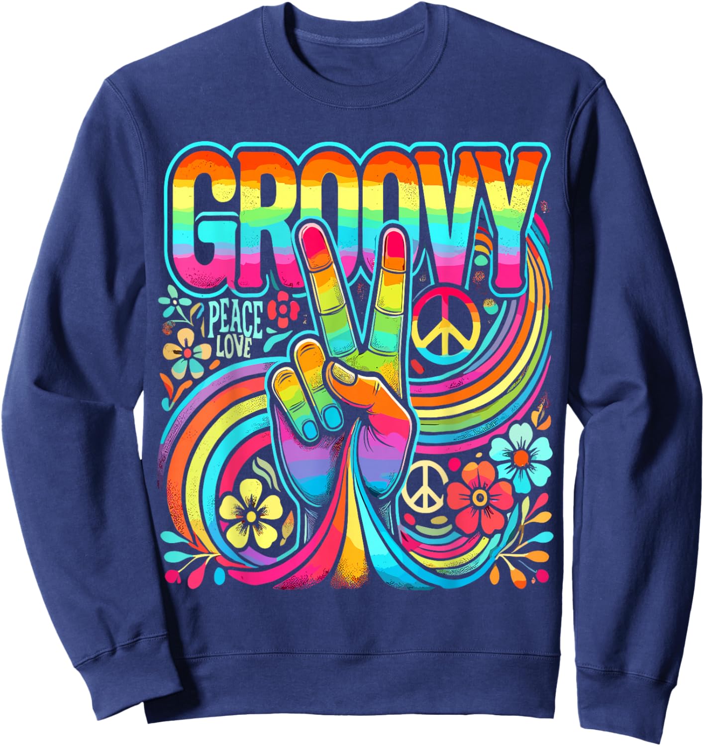 Tie Dye Peace Sign Hippie Love Groovy - -Adult, Small, Black, Short Sleeve, Classic Fit, , All Seasons Sweatshirt - Sweatshirt | Navy