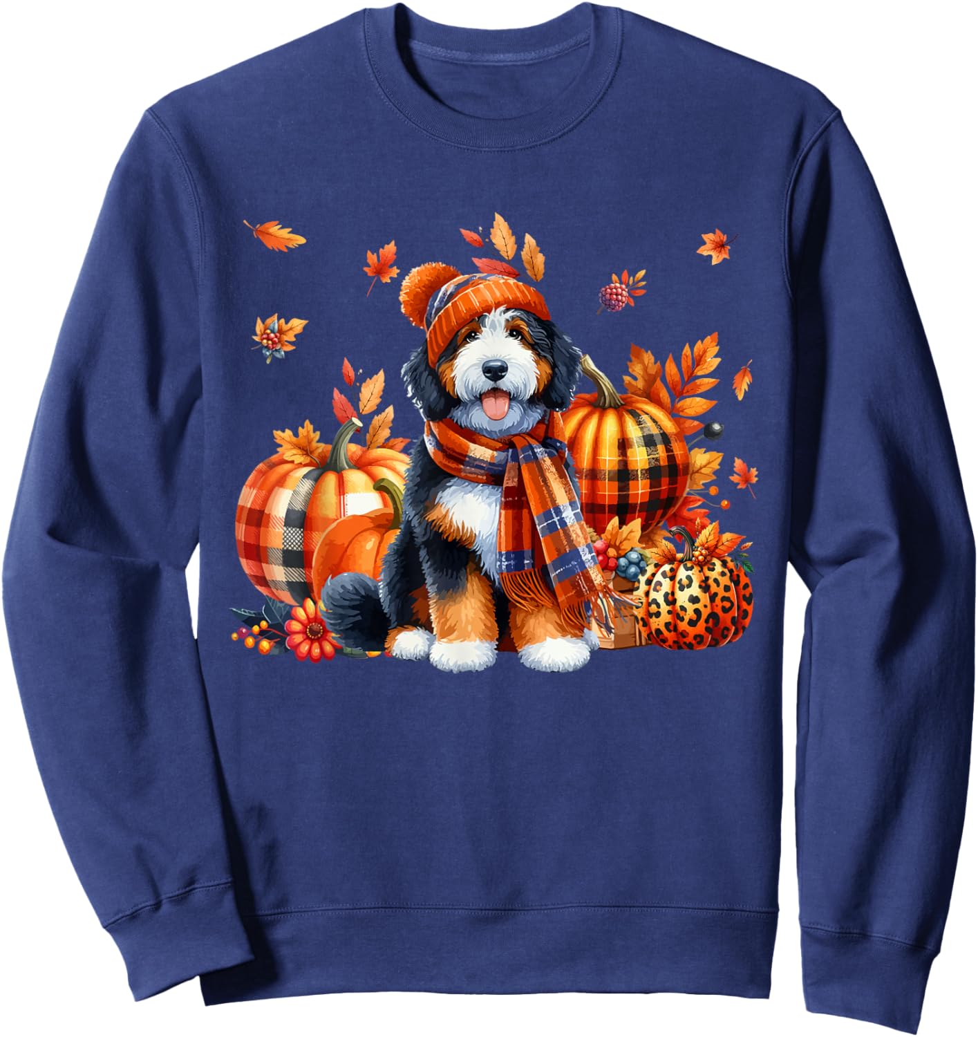 Bernedoodle Thanksgiving Leopard Pumpkins Fall Leaves Lover Sweatshirt - Sweatshirt | Navy