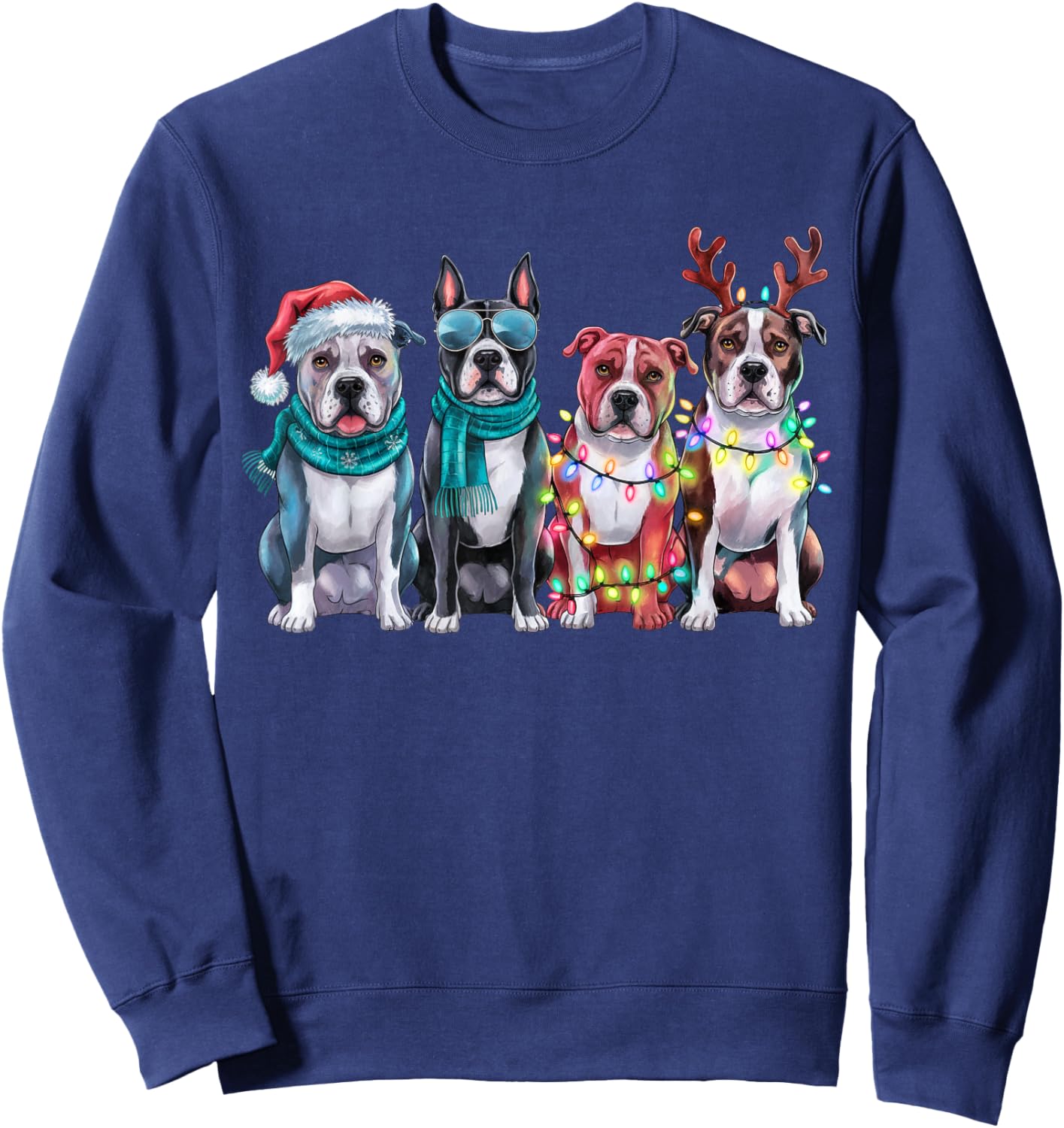Pitbull Reindeer Christmas Lights Dog Lover Xmas Pajama Sweatshirt - Sweatshirt | Navy