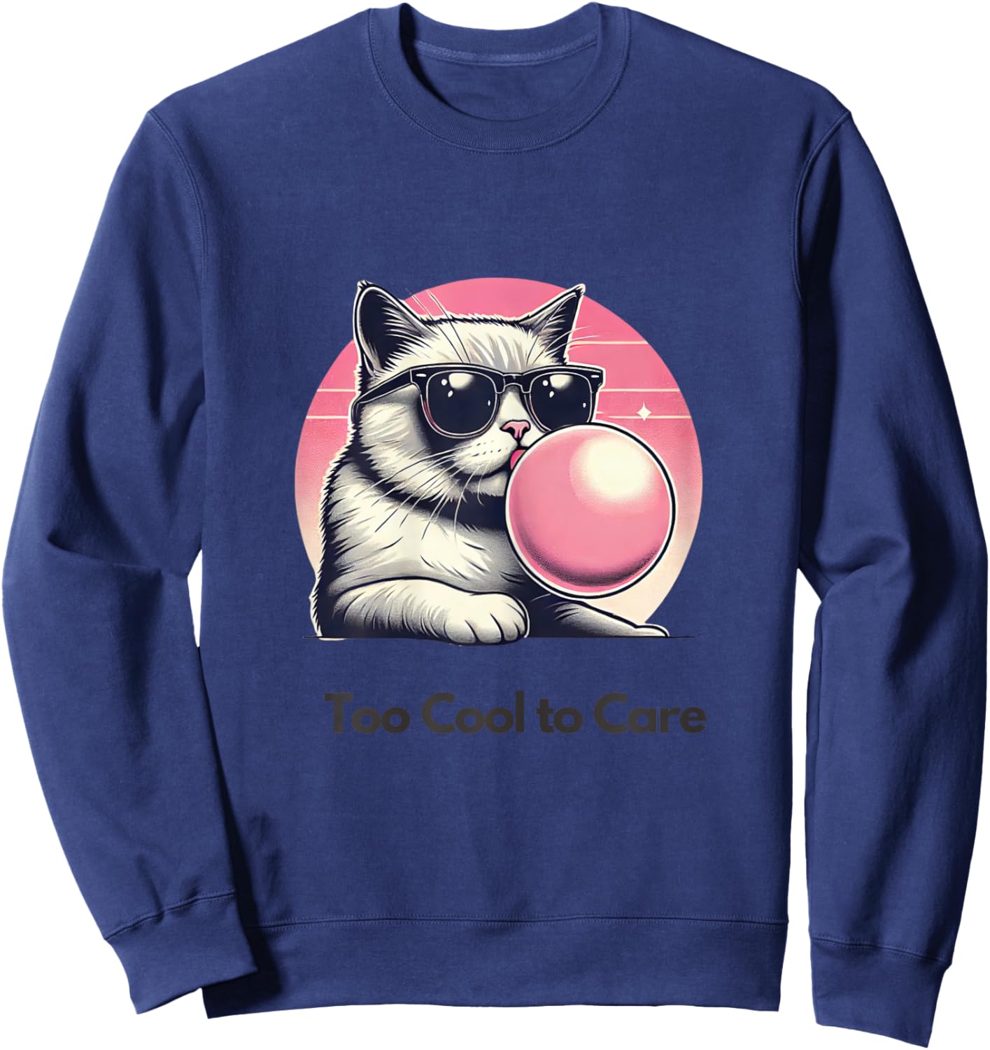 Too Cool to Care Cat Design with Bubble Gum Cat Lover Kids Sweatshirt - Sweatshirt | Navy