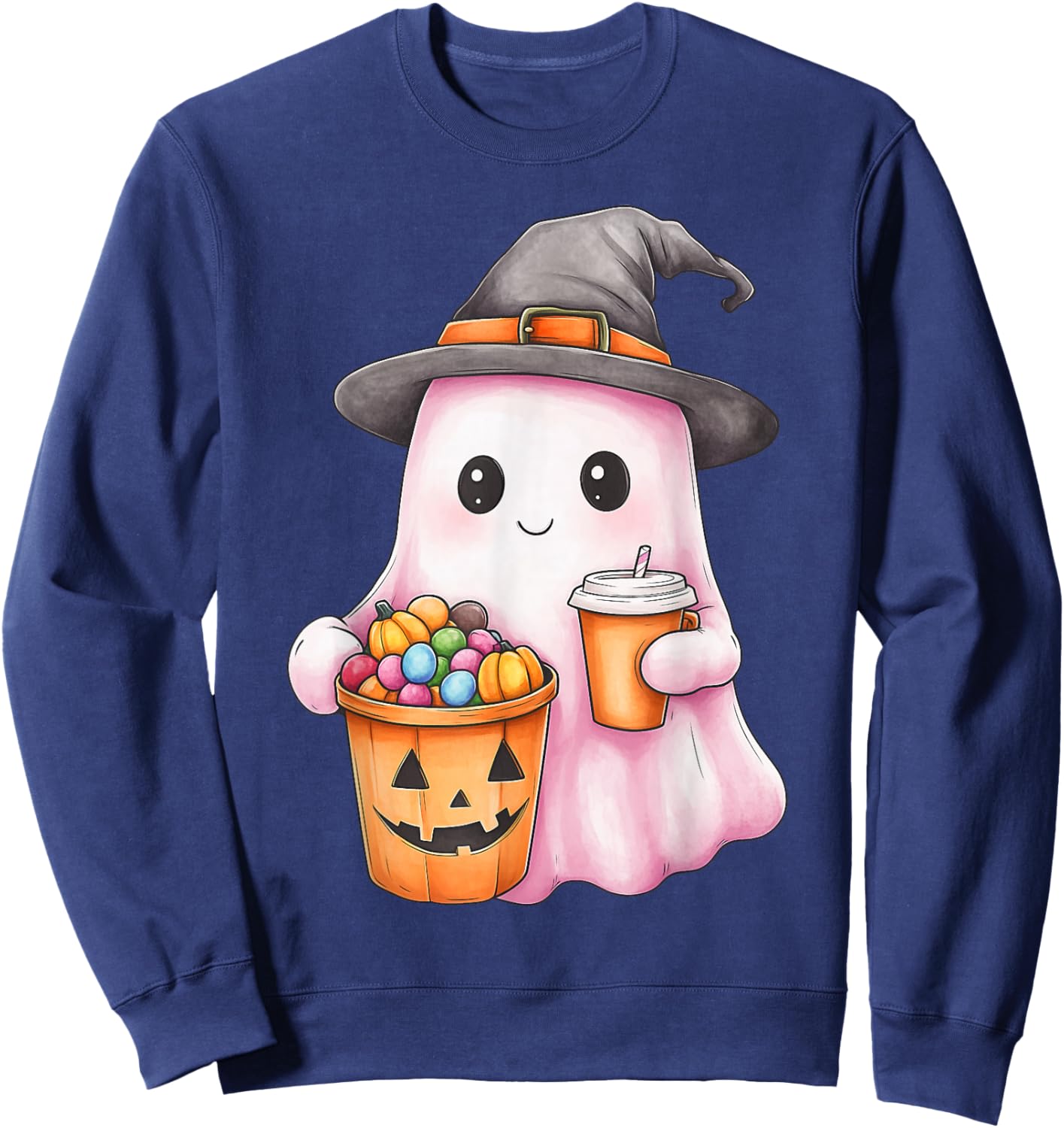 Cute Ghost Boo Coffee Pumpkin Hat Colorful candies Halloween Sweatshirt - Sweatshirt | Navy