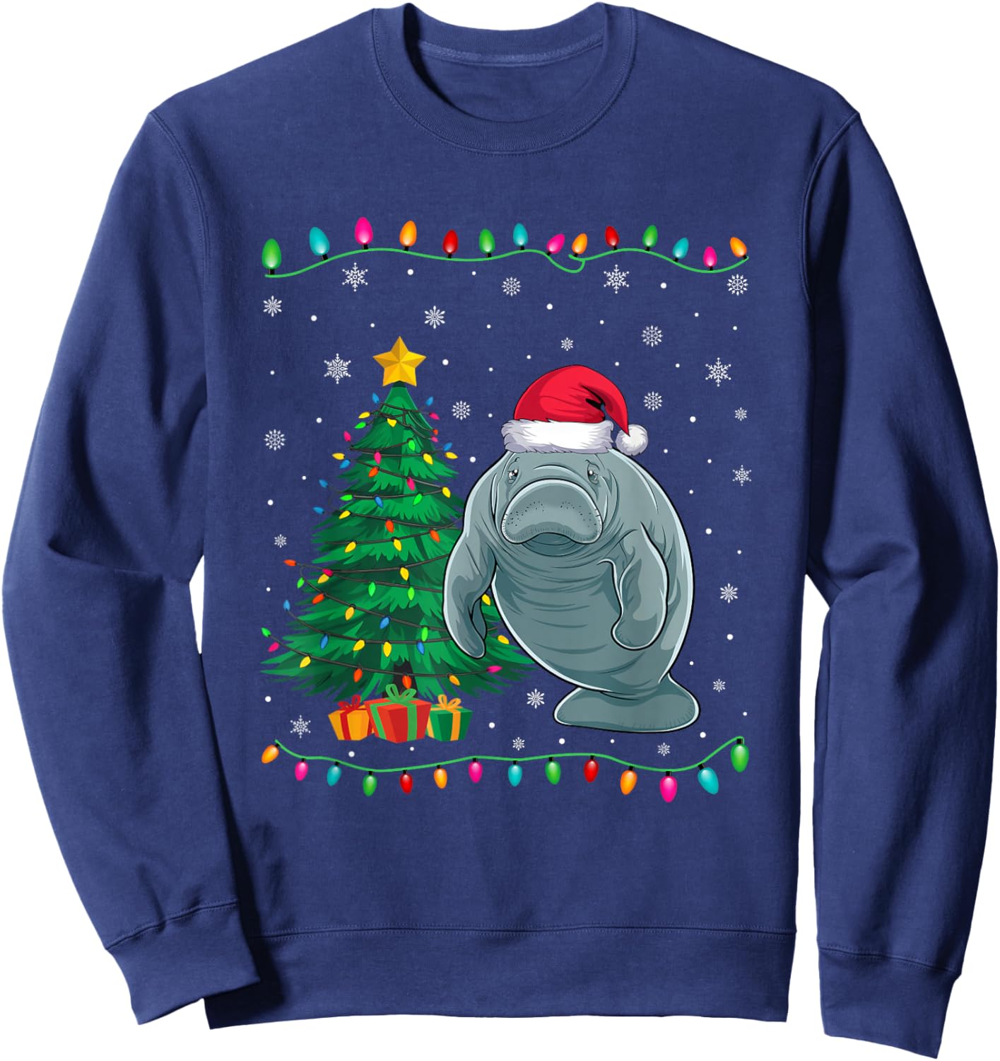 Manatee Santa Hat Men Women Kids Christmas Tree Lights Sweatshirt - Sweatshirt | Navy
