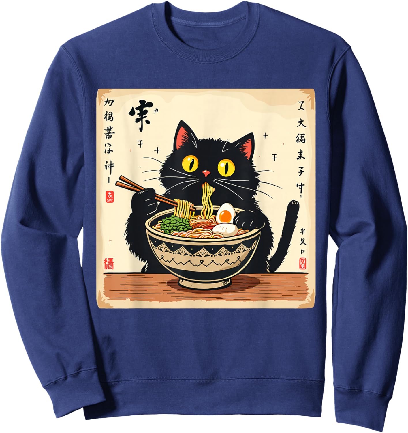 Cute Black Cat Eating Ramen Noodles Lover Japanese Clothing Sweatshirt - Sweatshirt | Navy