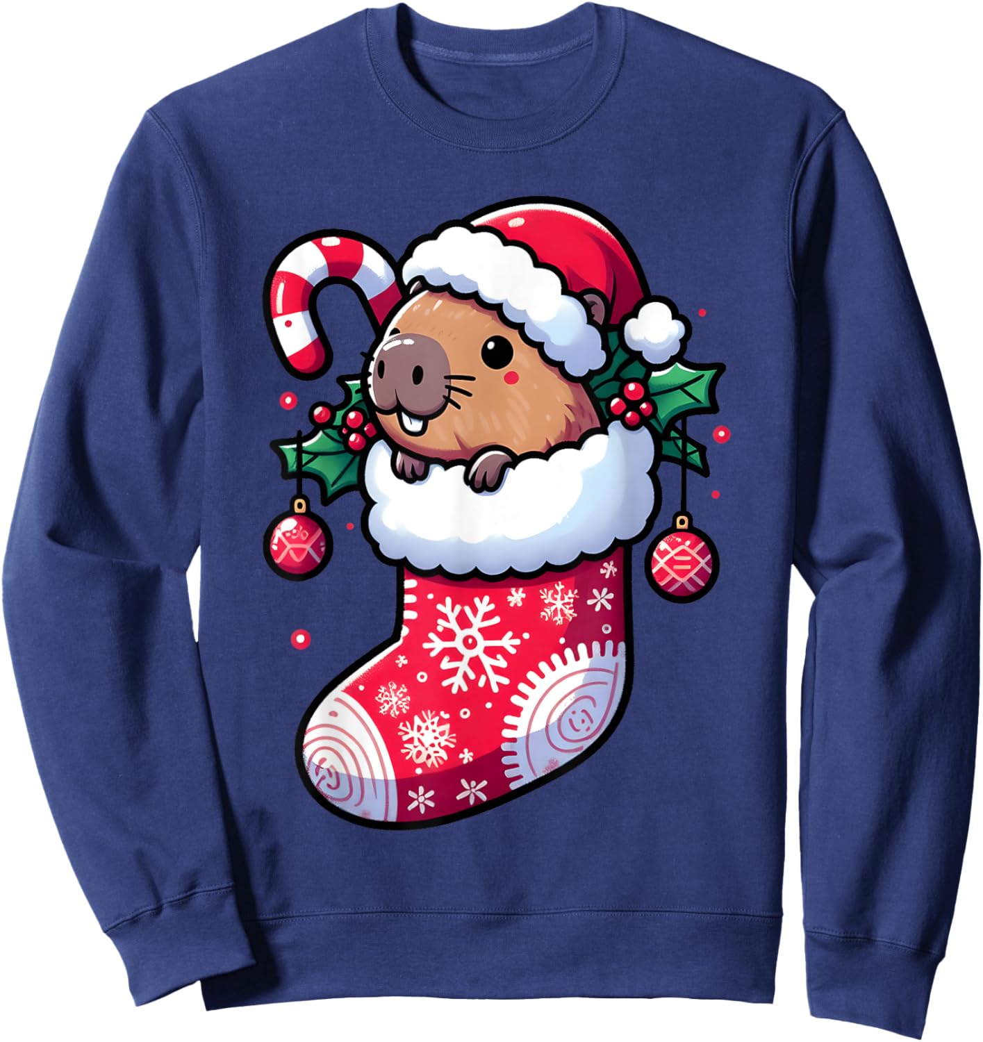 Cute Capybara Wearing Santa Hat in Christmas Stocking Pajama Sweatshirt - Sweatshirt | Navy