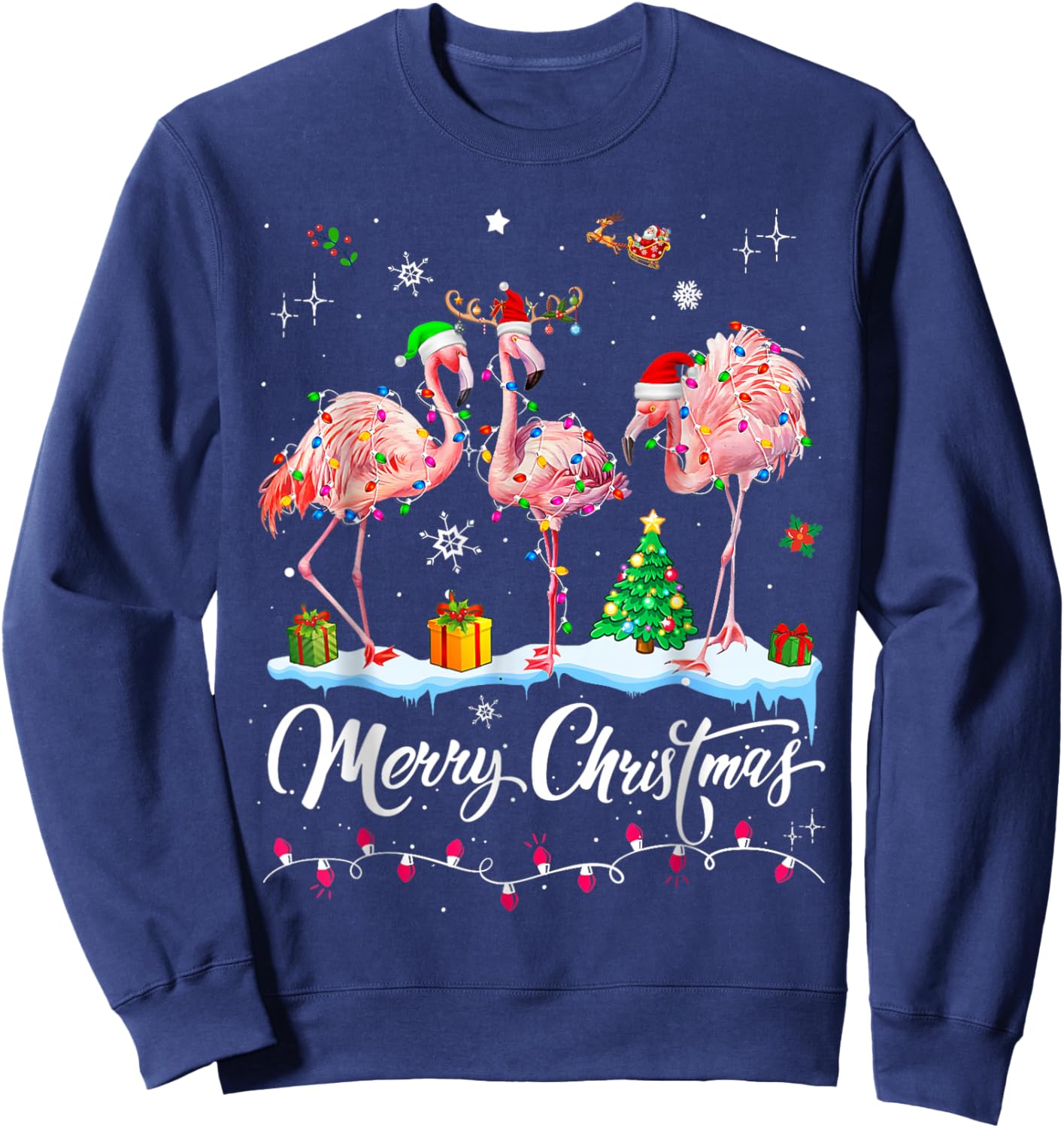 Funny Flamingo Lights Santa Hat Sweater Xmas Tree Christmas Sweatshirt - Sweatshirt | Navy
