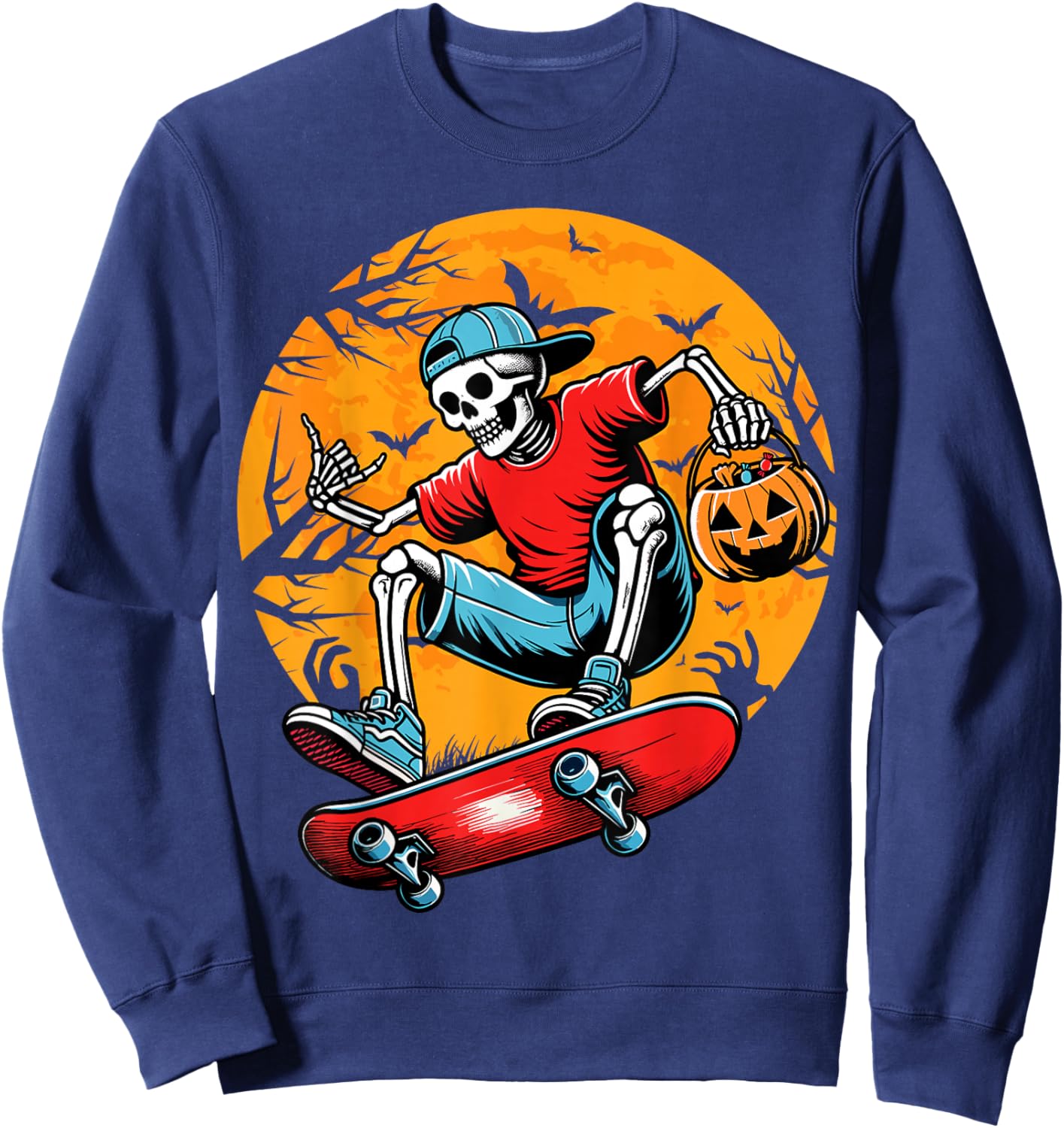 Skateboarding Skeleton Pumpkin Funny Skateboard Halloween Sweatshirt - Sweatshirt | Navy
