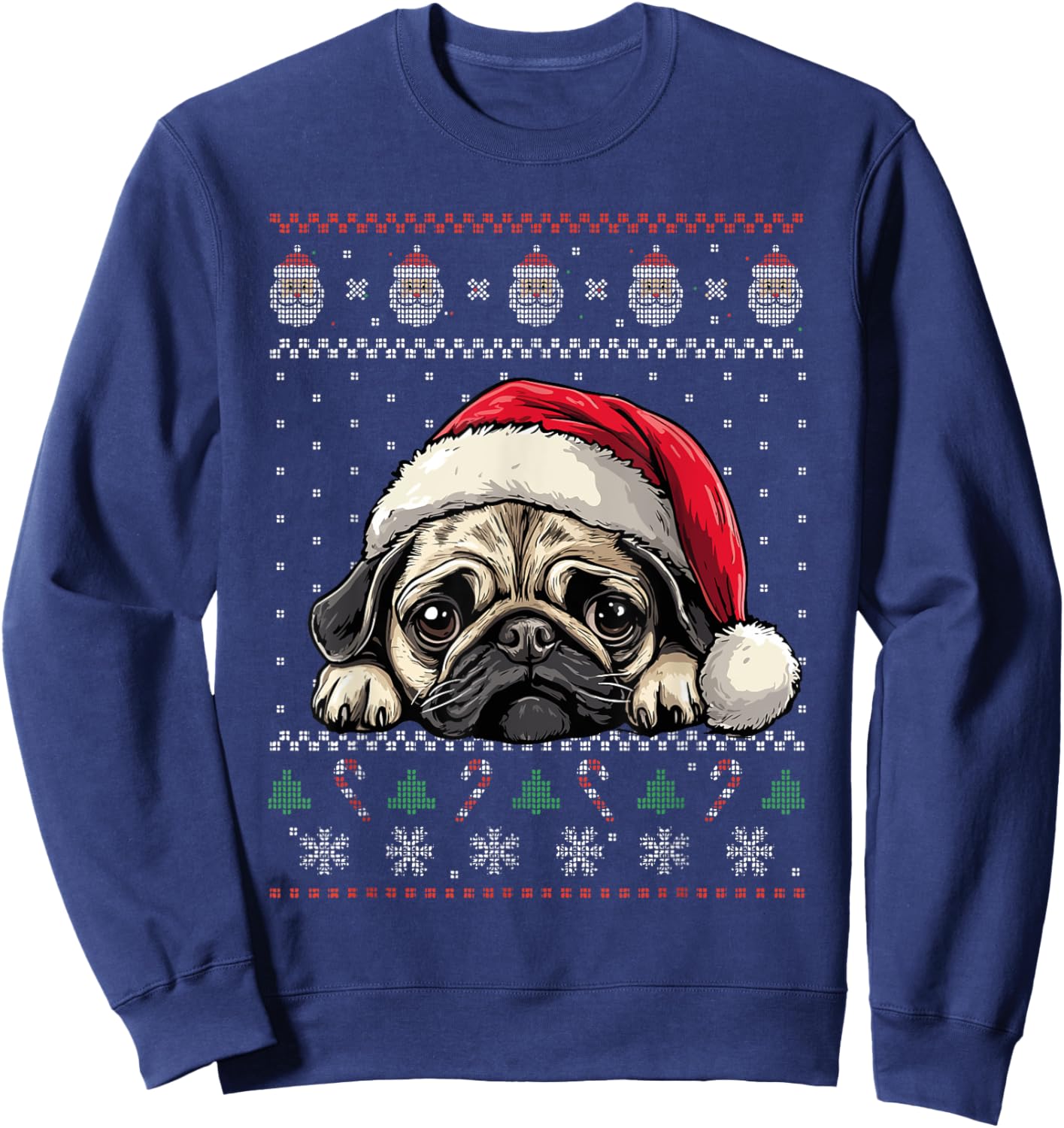 Ugly Christmas Sweater Pug Santa Hat Dog Lover Art Sweatshirt - Sweatshirt | Navy