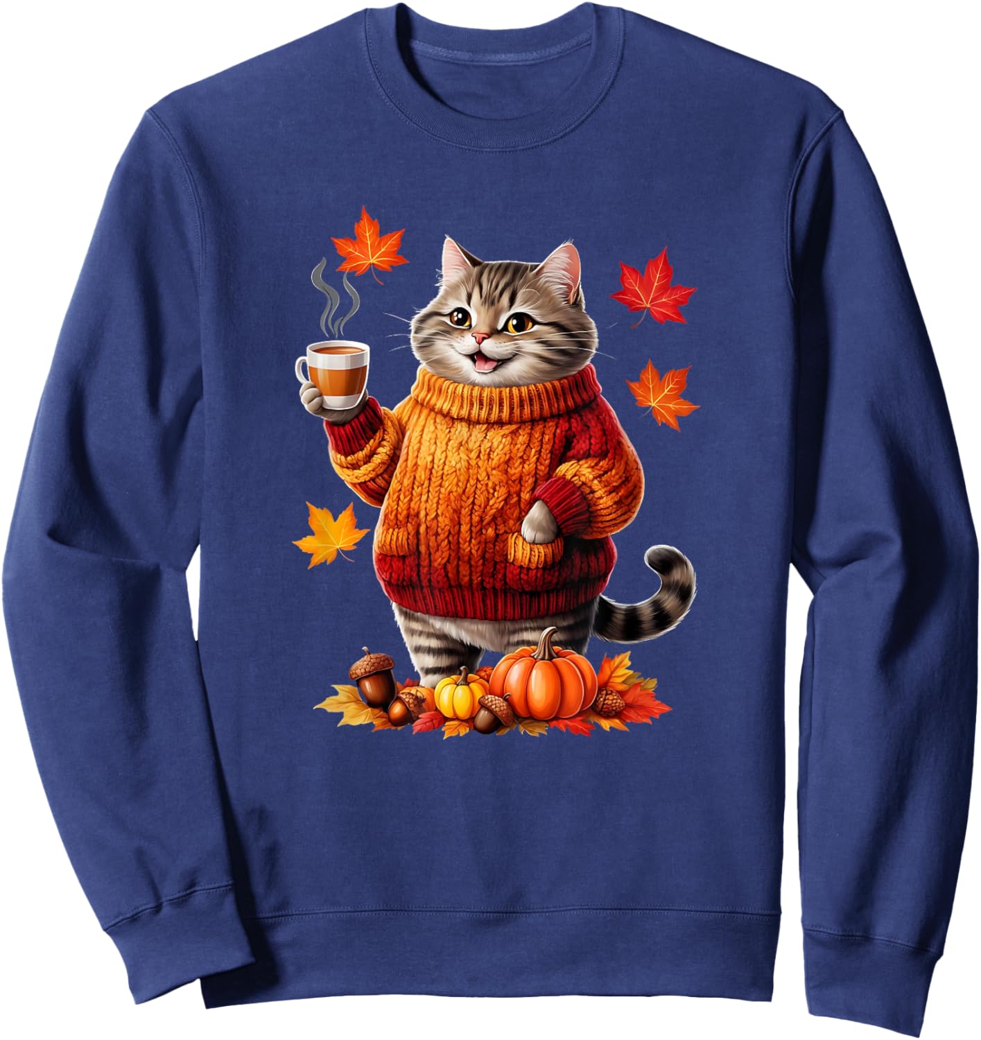 Cozy Cat With Sweater Funny Fall Graphic Women Girls Kids Sweatshirt - Sweatshirt | Navy