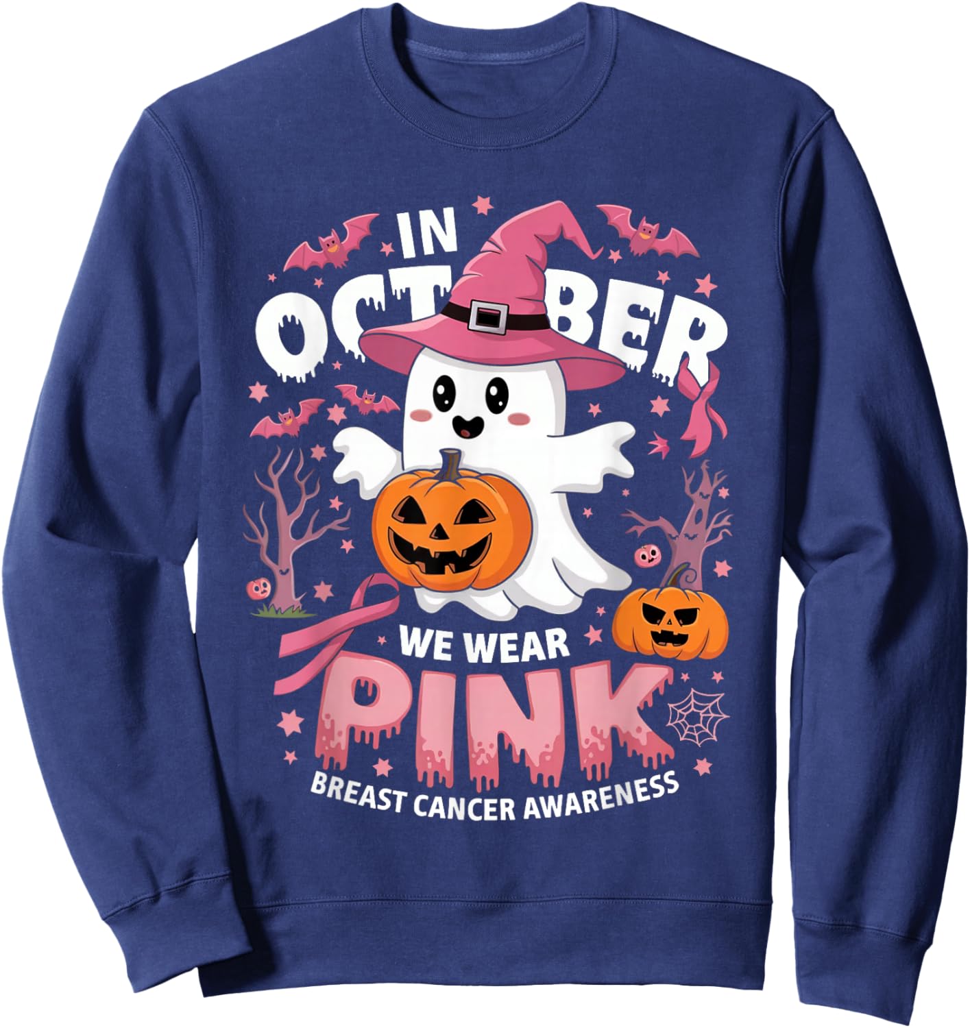 In October We Wear Pink Halloween Breast Cancer Sweatshirt - Sweatshirt | Navy