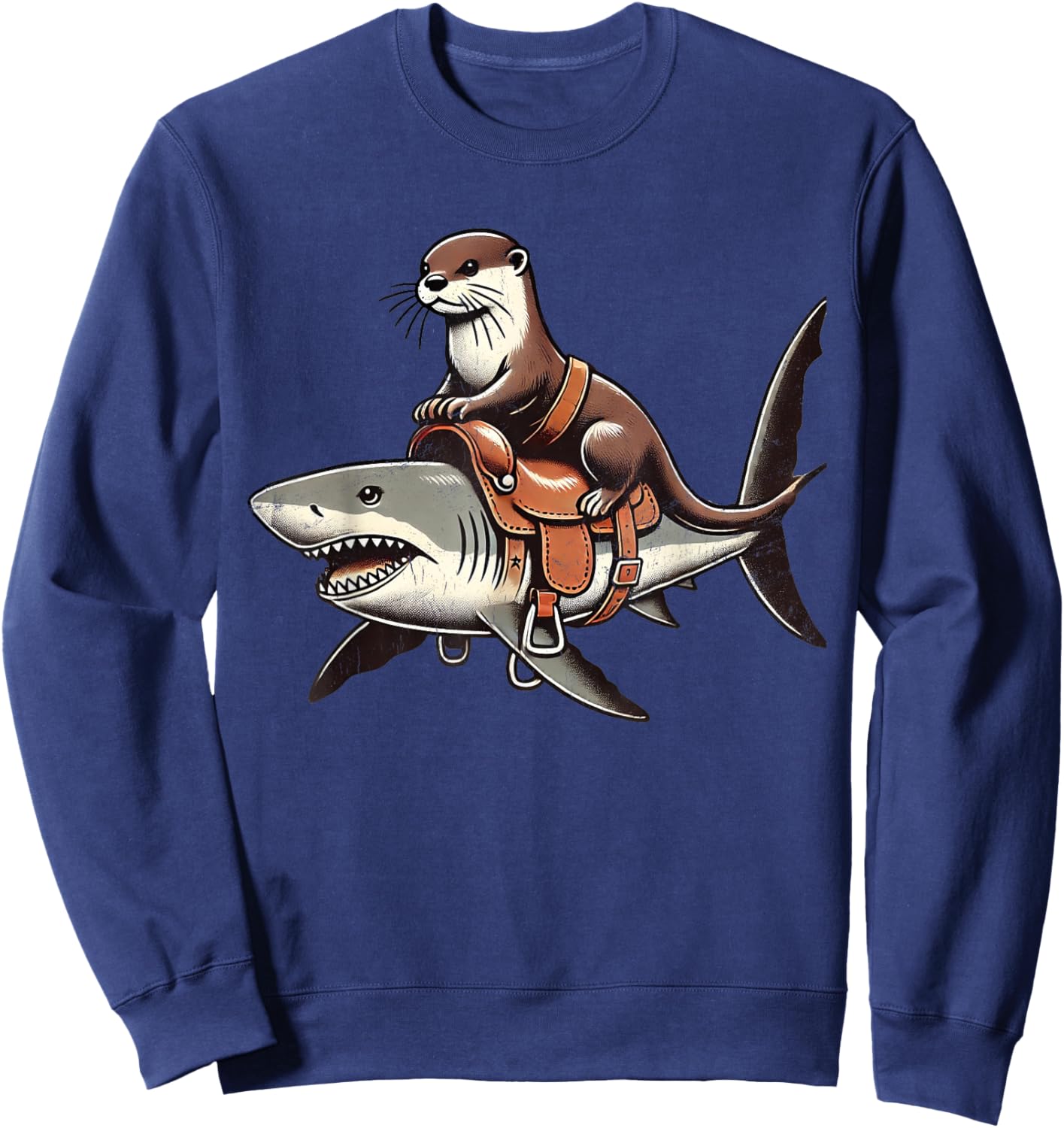 Vintage Funny Otter Art Retro Distressed Otter Riding Shark Sweatshirt - Sweatshirt | Navy