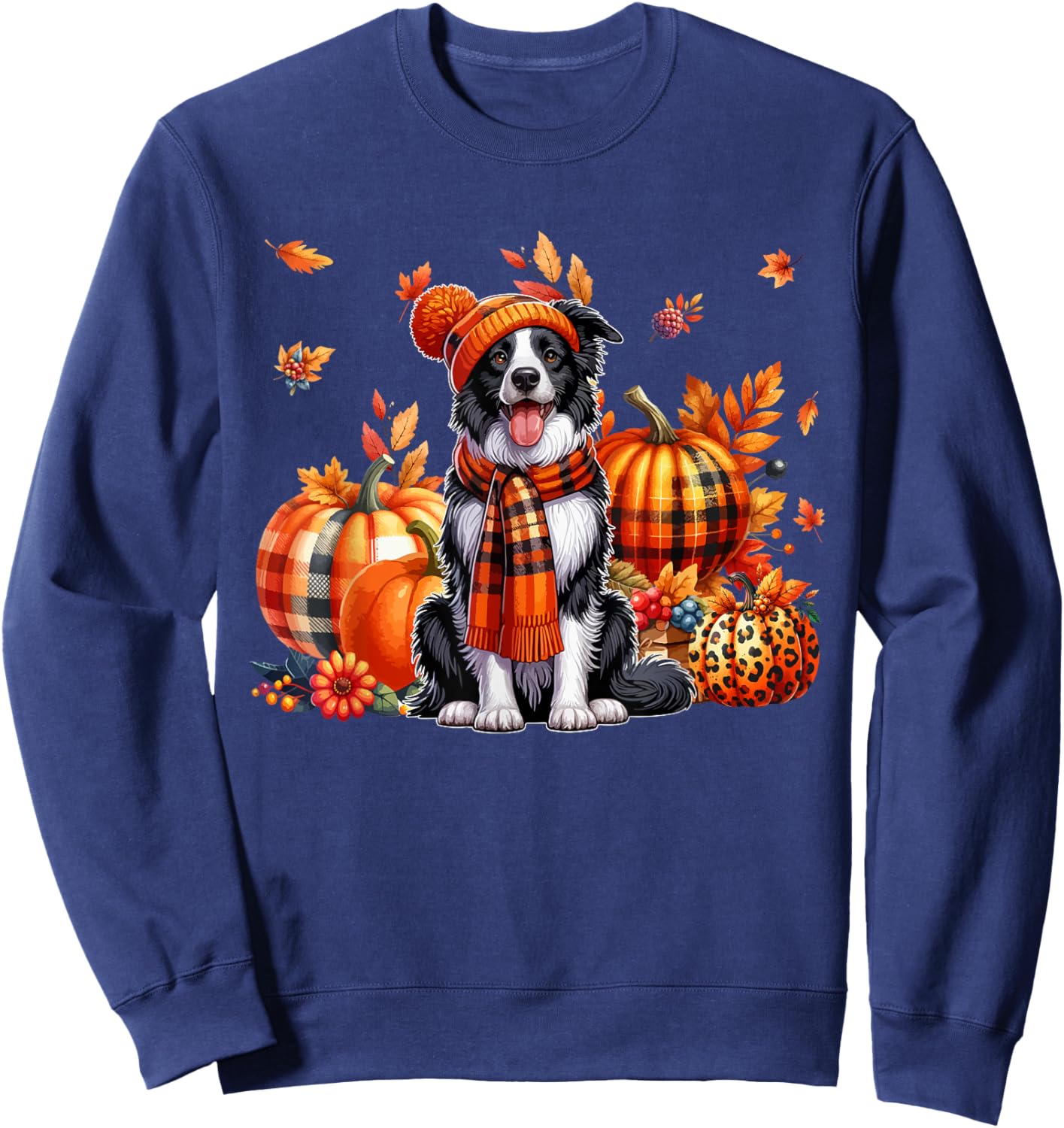 Border Collie Thanksgiving Leopard Pumpkins Fall Leaves Sweatshirt - Sweatshirt | Navy