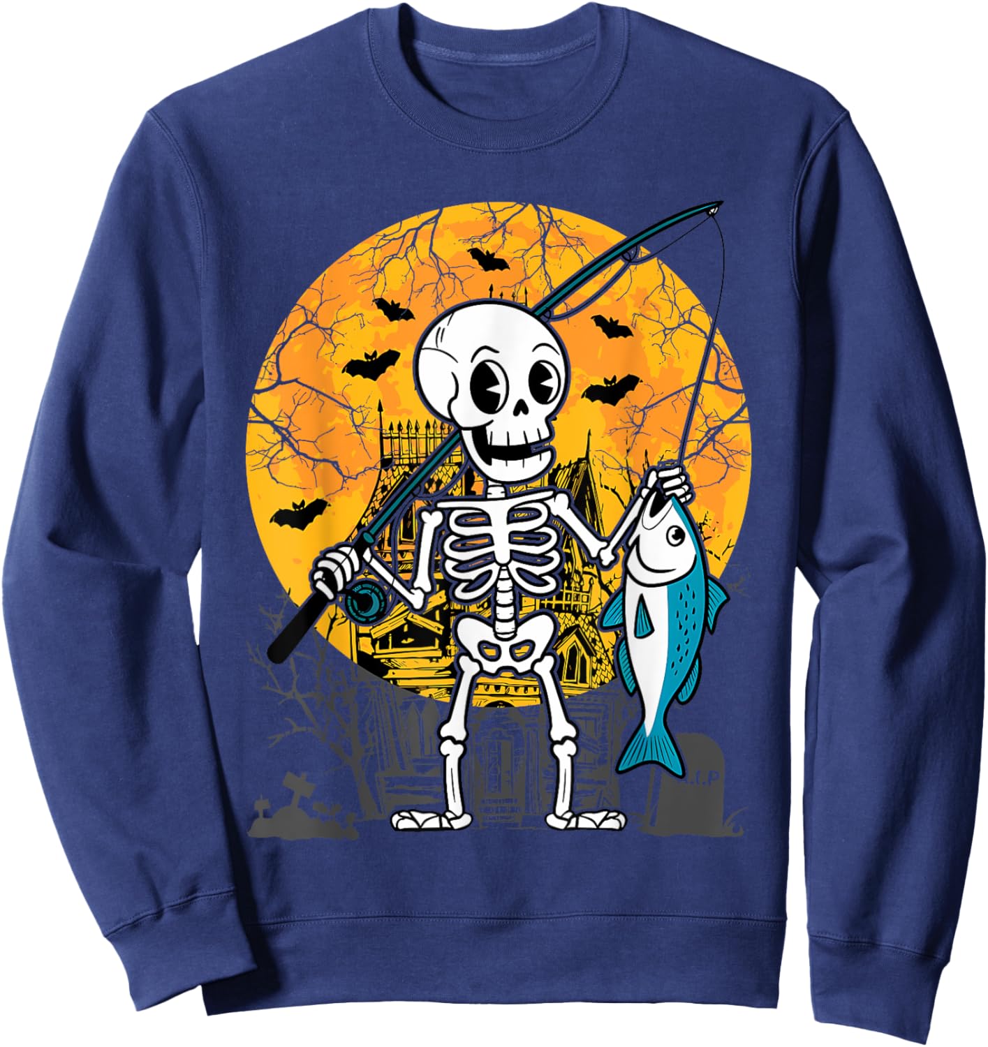 Halloween Skeleton Fishing Costume Fisherman Men Boys Kids Sweatshirt - Sweatshirt | Navy