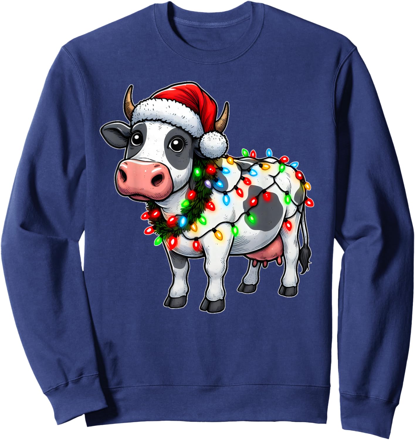 Merry Christmas Cow Santa Christmas Lights Cow Xmas Tree Sweatshirt - Sweatshirt | Navy