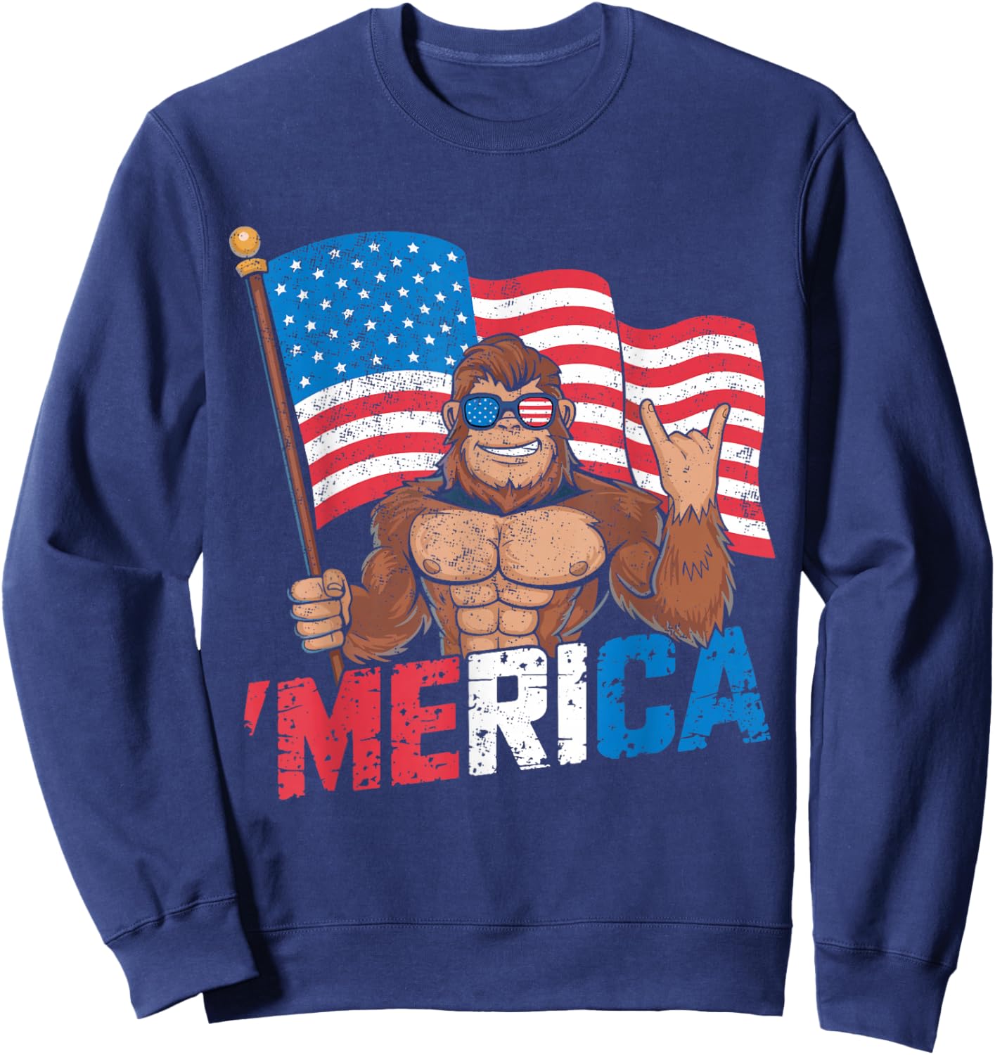 Bigfoot Merica Rock American Flag Patriotic 4th Of July Sweatshirt - Sweatshirt | Navy
