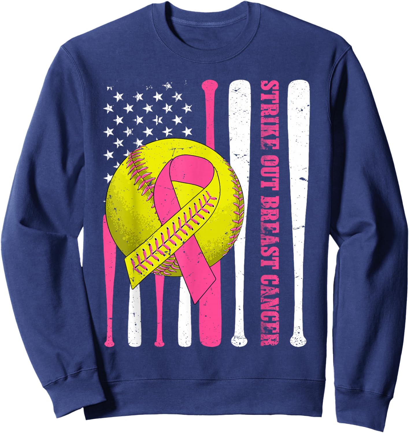 Strike Out Breast Cancer Softball American Flag Women Girls Sweatshirt - Sweatshirt | Navy