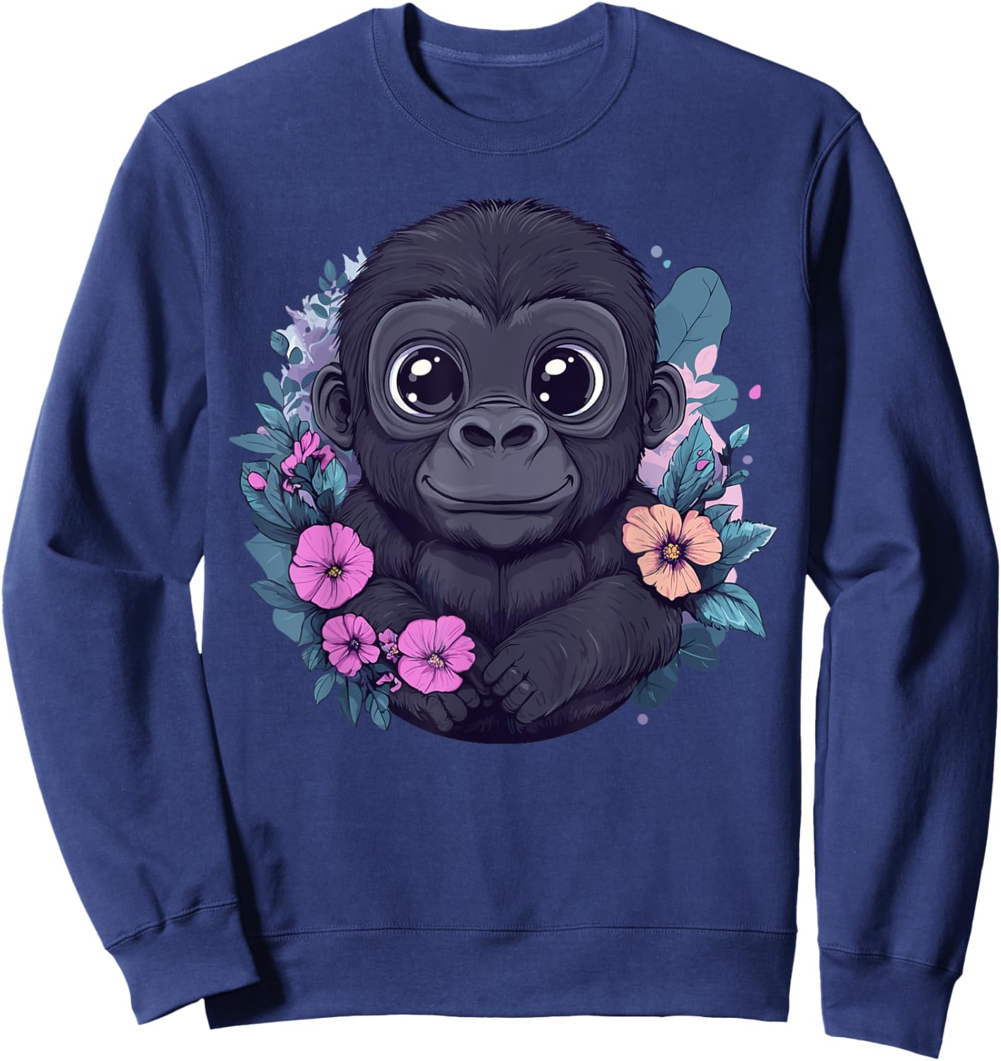 Adorable Baby Gorilla Surrounded By Flowers Sweatshirt - Sweatshirt | Navy