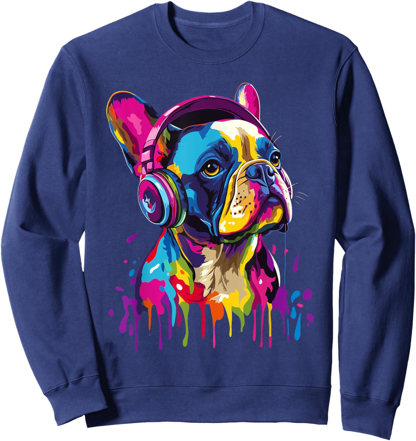French Bulldog Lover Headphones Pop Art Funny French Bulldog Sweatshirt - Sweatshirt | Navy