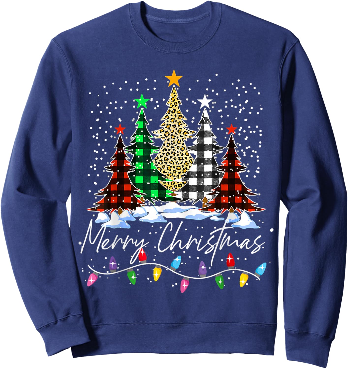 Merry Christmas Trees With Buffalo Red Plaid Leopard Xmas Sweatshirt - Sweatshirt | Navy